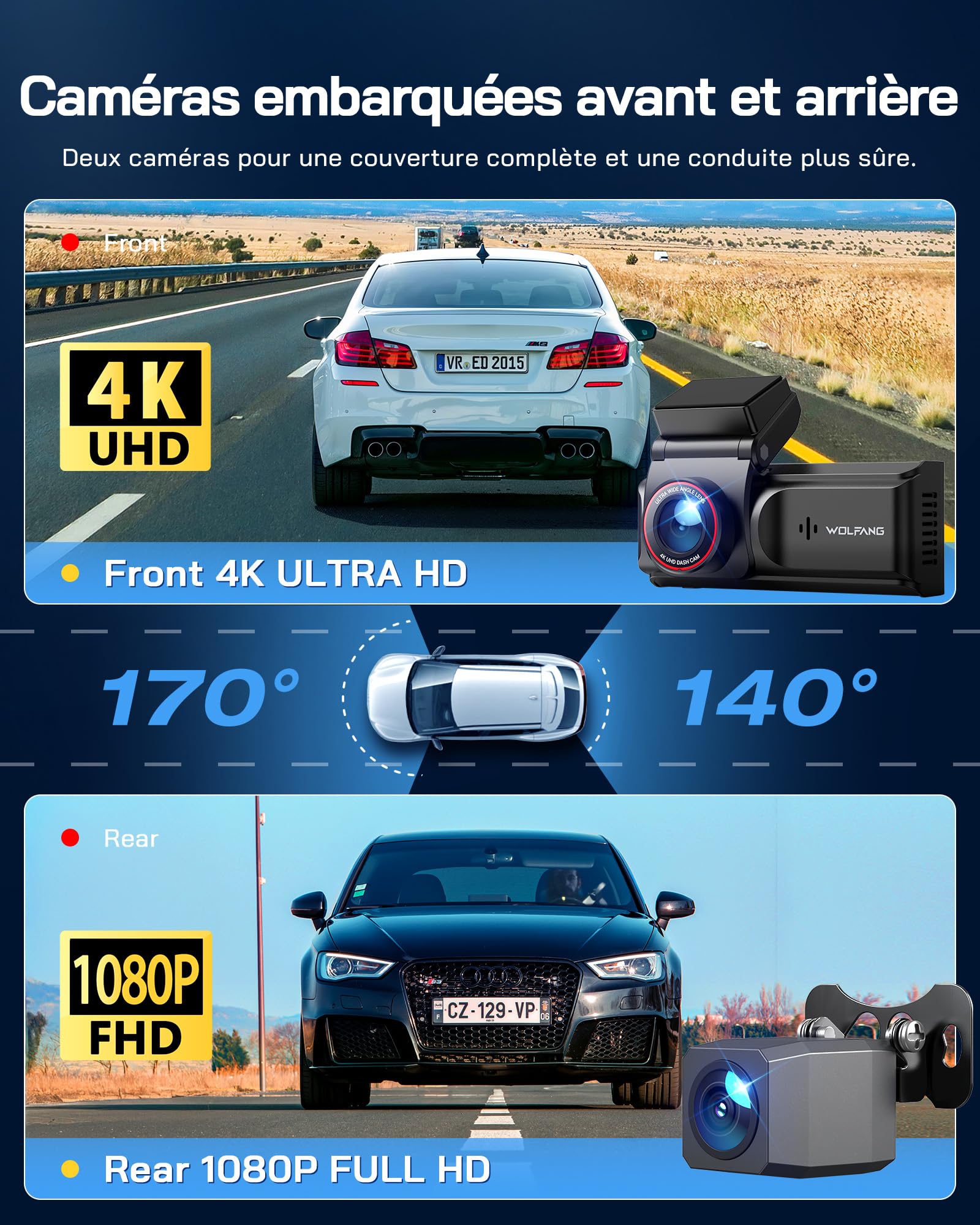WOLFANG 4K Dashcam Voiture Avant Arrière, Wi-FI Caméra Voiture, IPS de 3", Grand Angle 170°, G-Capteur, WDR, Mode Stationnement 24H, Vision Nocturne, Enregistrement en Boucle