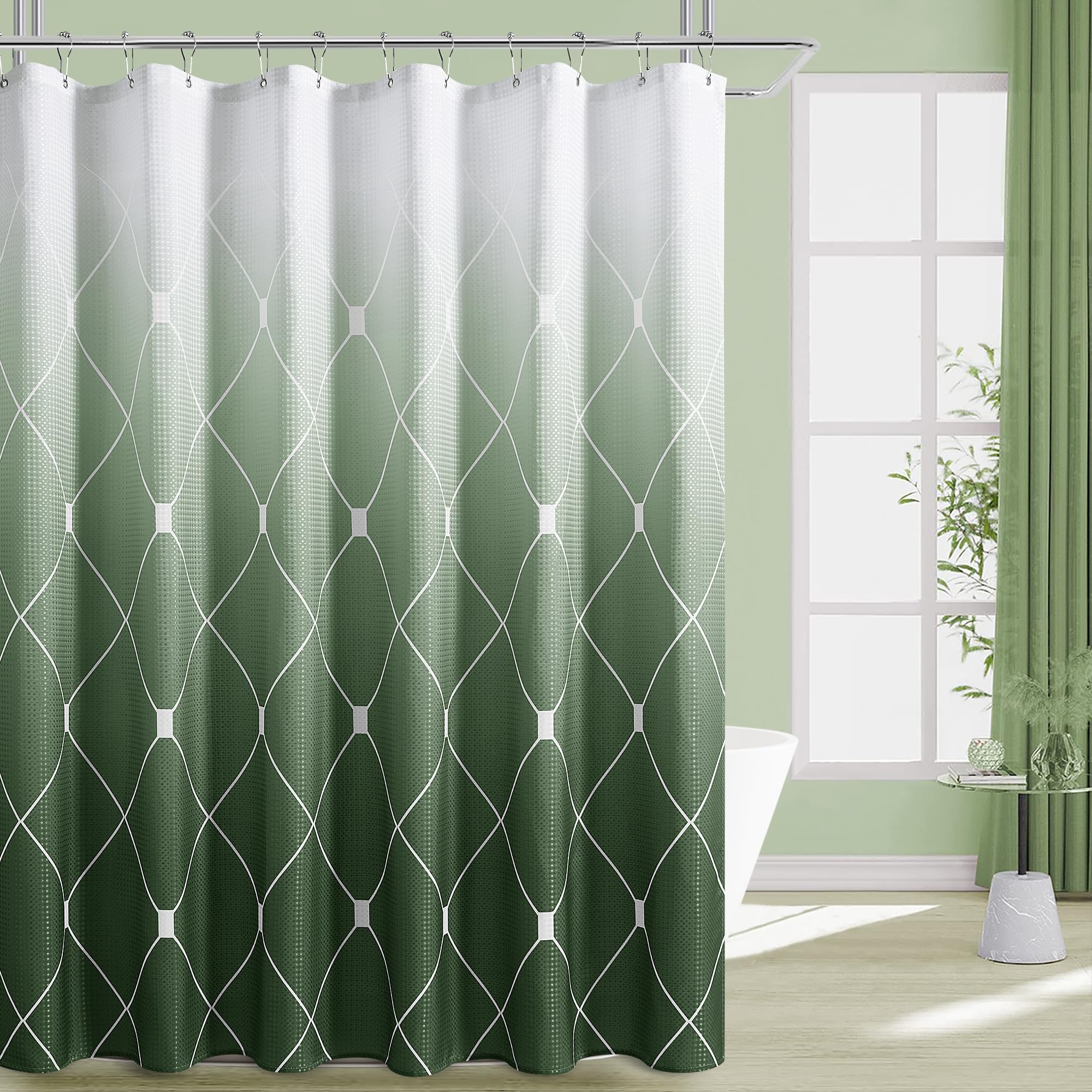 Green and White Ombre Shower Curtain Set for Bathroom,Geometric Pattern Bathroom Curtains with 12 Hooks,Waterproof Shower Curtain, Durable and Machine