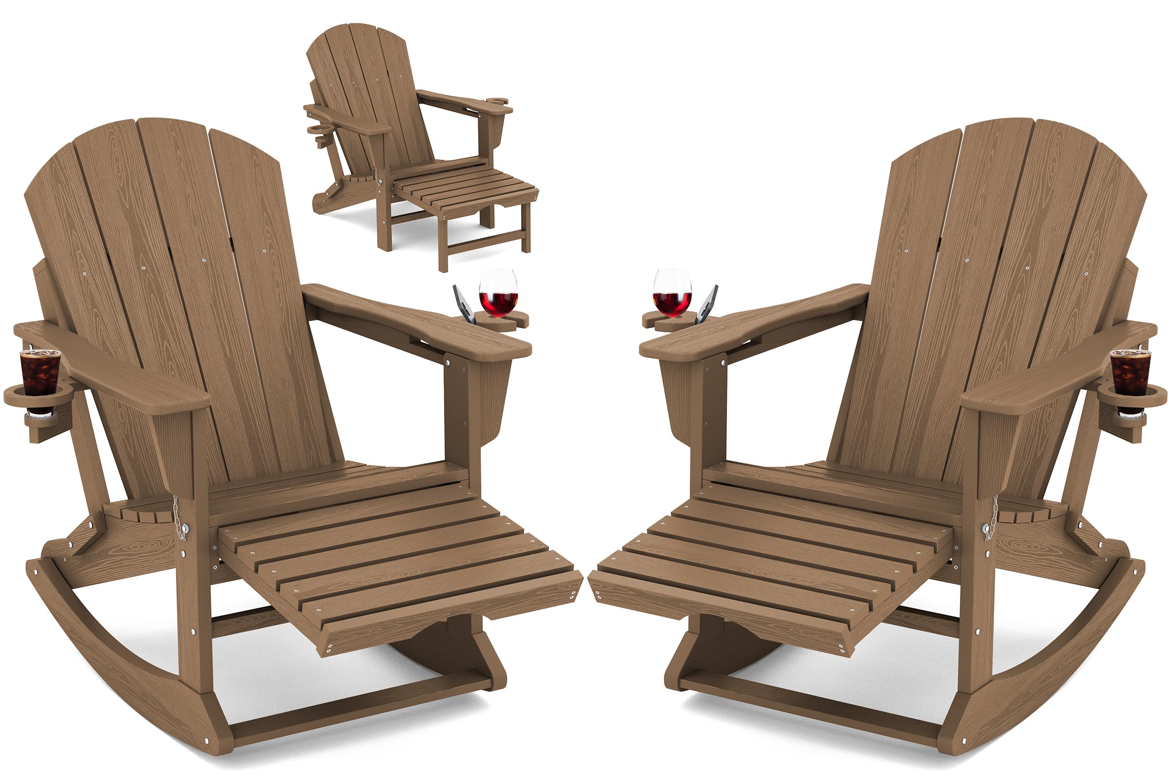 KINGYES Adirondack Rocking Chair Set of 2 with Retractable Ottoman and Cup Holders, HDPE Adirondack Rocker Patio Rocking Chair for Porch, Patio, Balcony, Brown