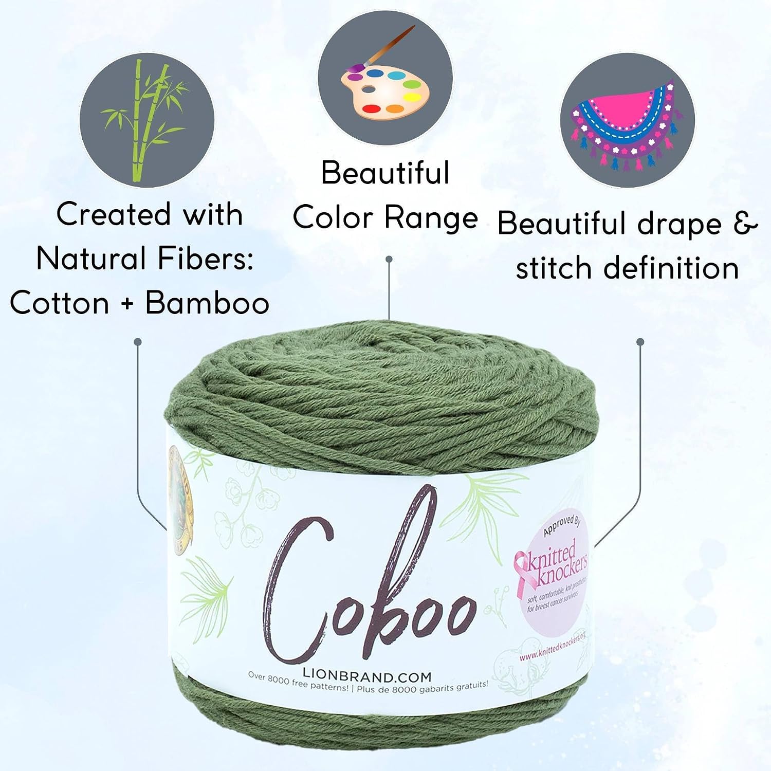 Lion Brand Coboo Olive 835-132 (3-Skeins - Same Dye Lot) DK Light Worsted #3 Cotton, Bamboo Yarn for Crocheting and Knitting with Project Bag