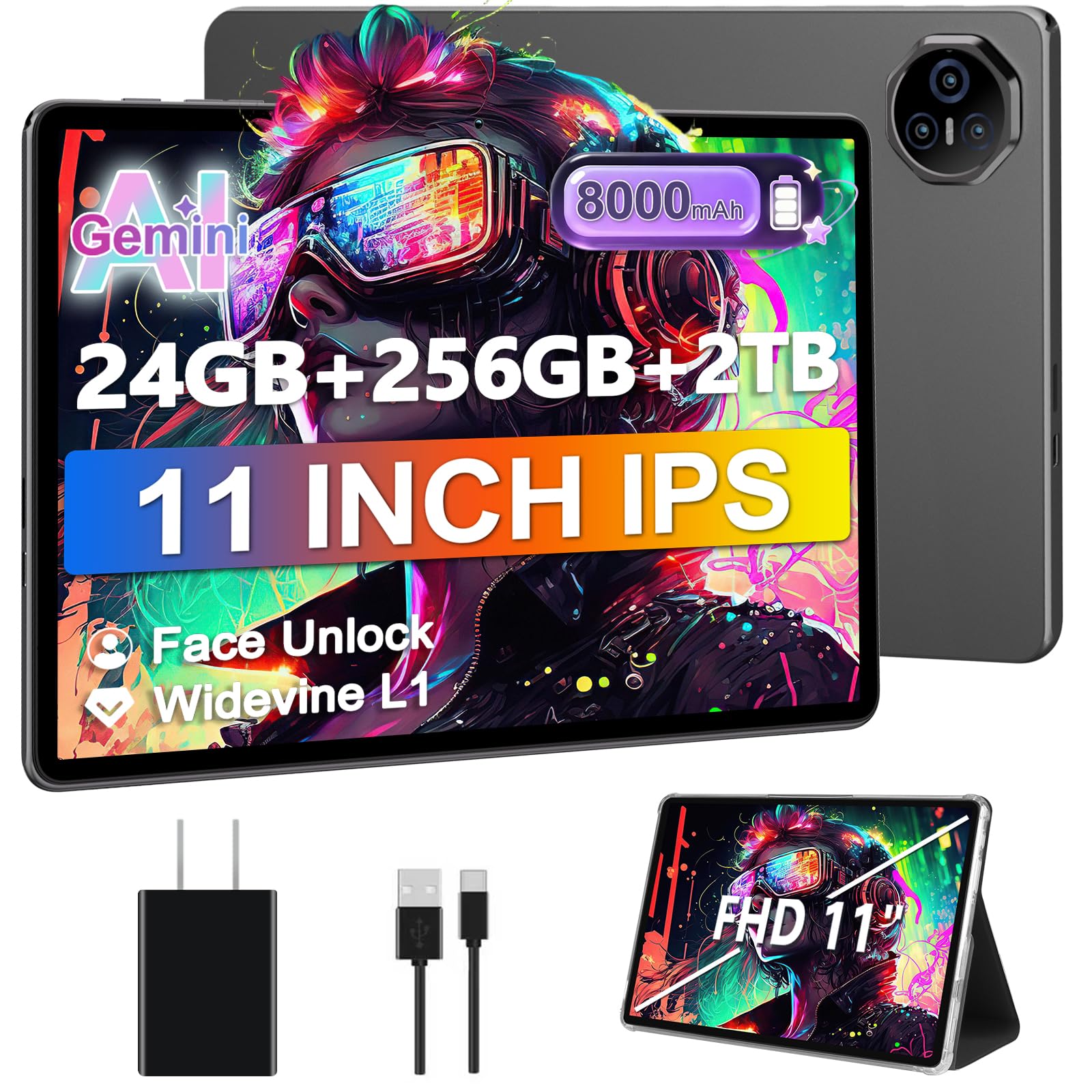 2026 11 inch Tablet, 24GB RAM+256GB ROM(2TB TF), Android Tablets with 8000mAh Battery, (13+5) MP Camera, Supports Widevine L1, 5G WiFi, GPS, BT5.0, Tablet with Case -Gray