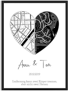 Geschenk Geteiltes Herz Hochzeit Bild personalisiert mit Landkarten und Namen | schwarz weiss | Fernbeziehung | Herz-Kunst für Paare, Mann & Frau | Geschenkideen