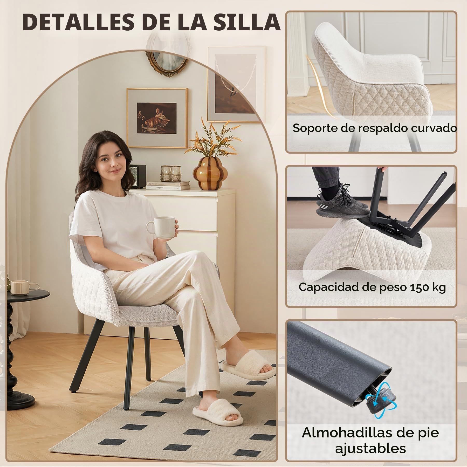 Sillas de Comedor Giratorias Pack de 2, Butacas Tapizadas con Reposabrazos, Moderna de Tela y Metal, para Salón, Beige