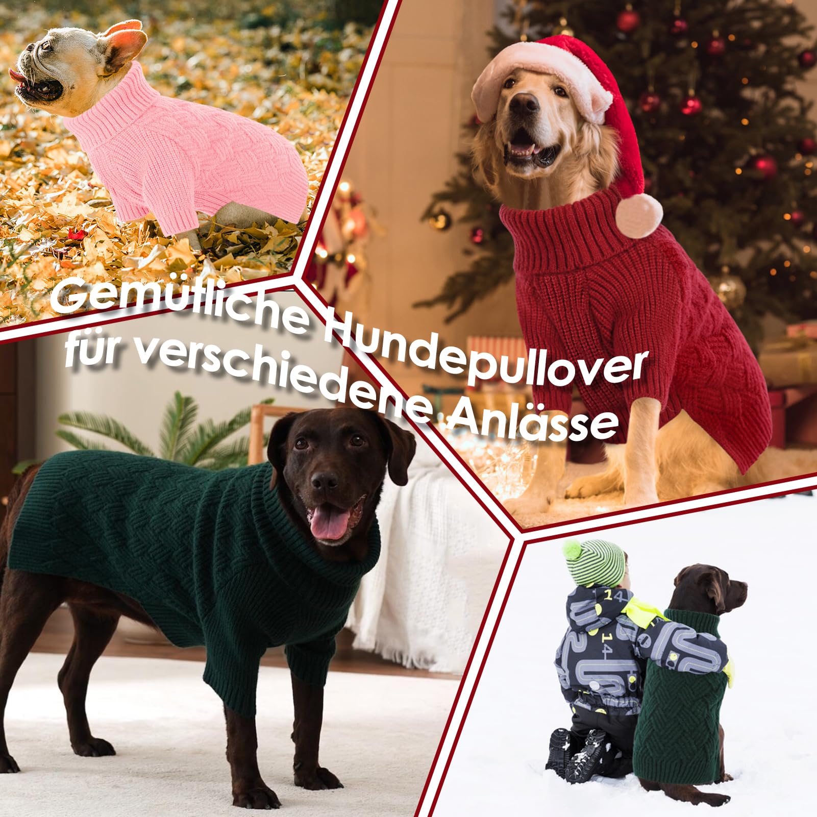 AOFITEE Hundepullover Mittelgroße Hunde, Warm Weihnachts Hundepullover Rollkragen Strick Rot Hunde Pullover Christmas Sweater, Winter Hundebekleidung Pullover für Französische Bulldogge, Malteser