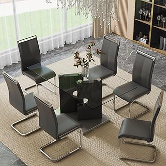Glass Dining Table Set for 6,7 Piece Dining Table Set, Tempered Glass Table Top and Modern Design MDF Base with 6 PU Leather Ergonomic Dining Chairs