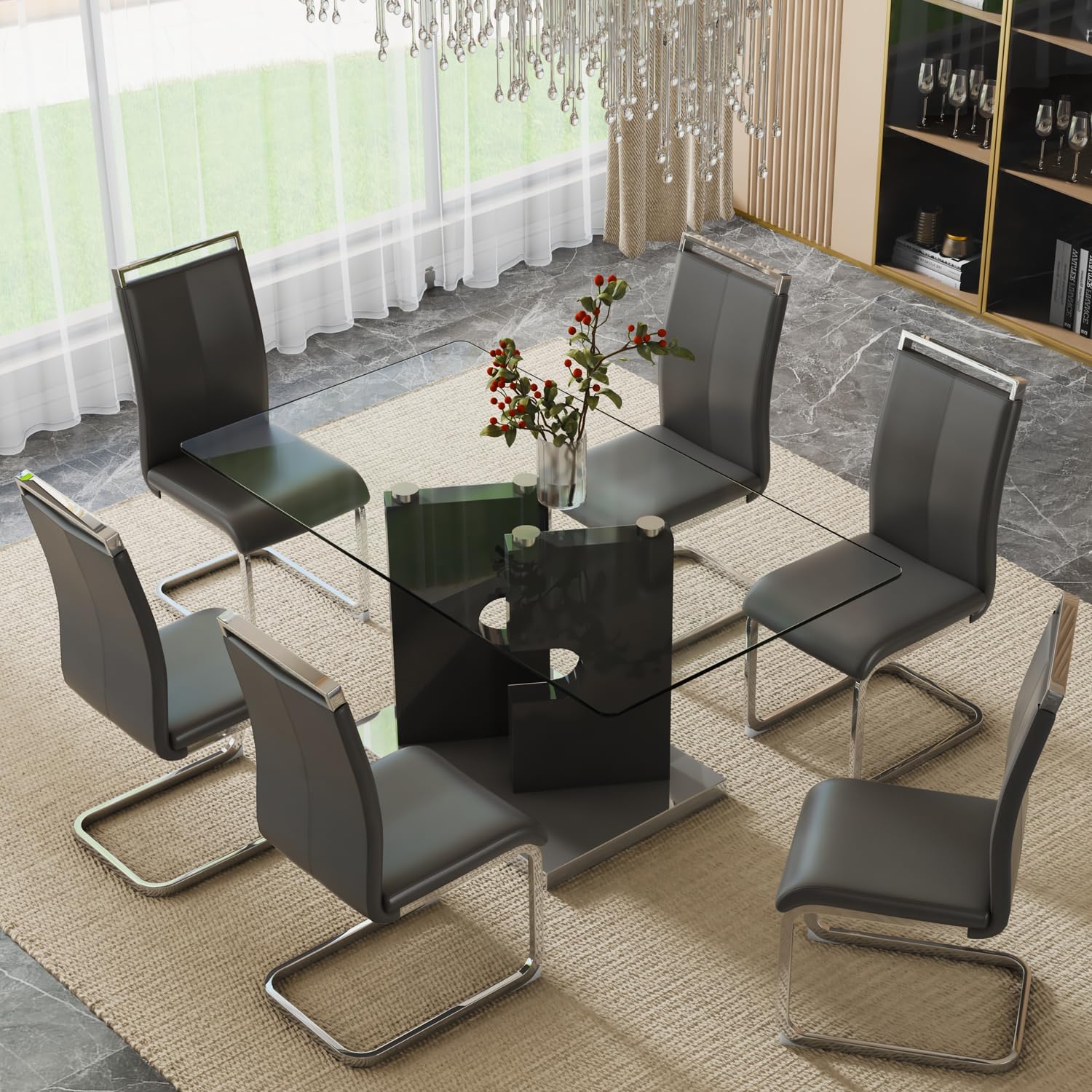 Glass Dining Table Set for 6,7 Piece Dining Table Set, Tempered Glass Table Top and Modern Design MDF Base with 6 PU Leather Ergonomic Dining Chairs
