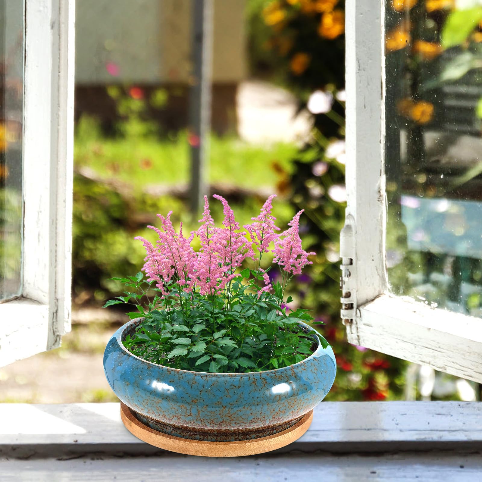 2 Ensembles Jardinière en Céramique avec Plateau, Pot Décoratif