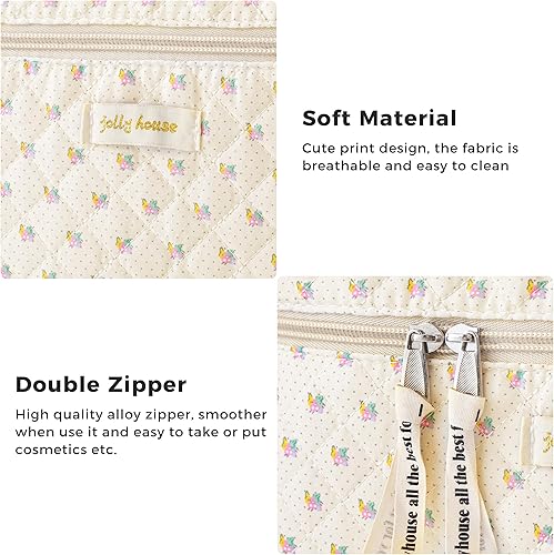 Miniatura 5 de HBselect Bolsa de maquillaje acolchada, 3 piezas de algodón grande, bolsa de maquillaje de viaje, bonita bolsa de maquillaje floral de coqueta,