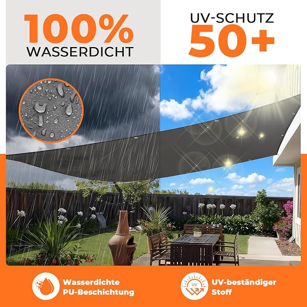HaiTaoSy Sonnensegel Wasserdicht mit Verstärkten Edelstahl-Ösen Rechteckig 2x3m– UV-Schutz 95%, Wetterfest, Reißfest, Ideal für Terrasse, Garten,Balkon- Taupe - 3