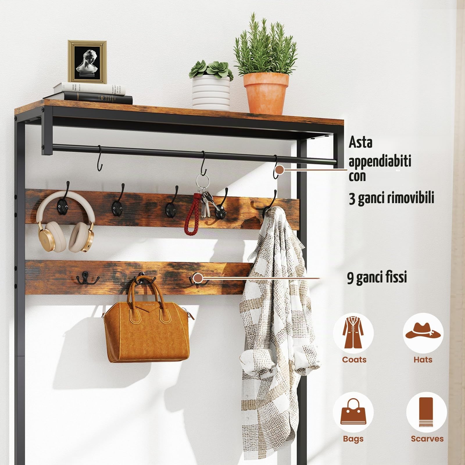 HOMASIS 5 in 1 Stand Appendiabiti con Panca per Scarpe, Guardaroba a Giorno con 12 Ganci, Scarpiera, Asta Appendiabiti, Cassetti e Scaffali, Armadio Aperto in Metallo, Marrone, 120 x 30 x 178 cm