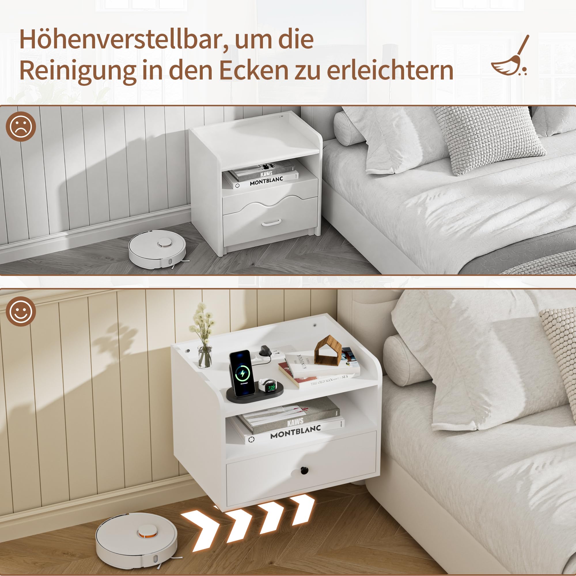 BonVache Nachttisch Hängend 2er Set, Nachttische Wandmontage mit Offener Raum und Schubladen, Steckdosen und Schnittstellen, Modern, für Wohnzimmer, Schlafzimmer, Weiß
