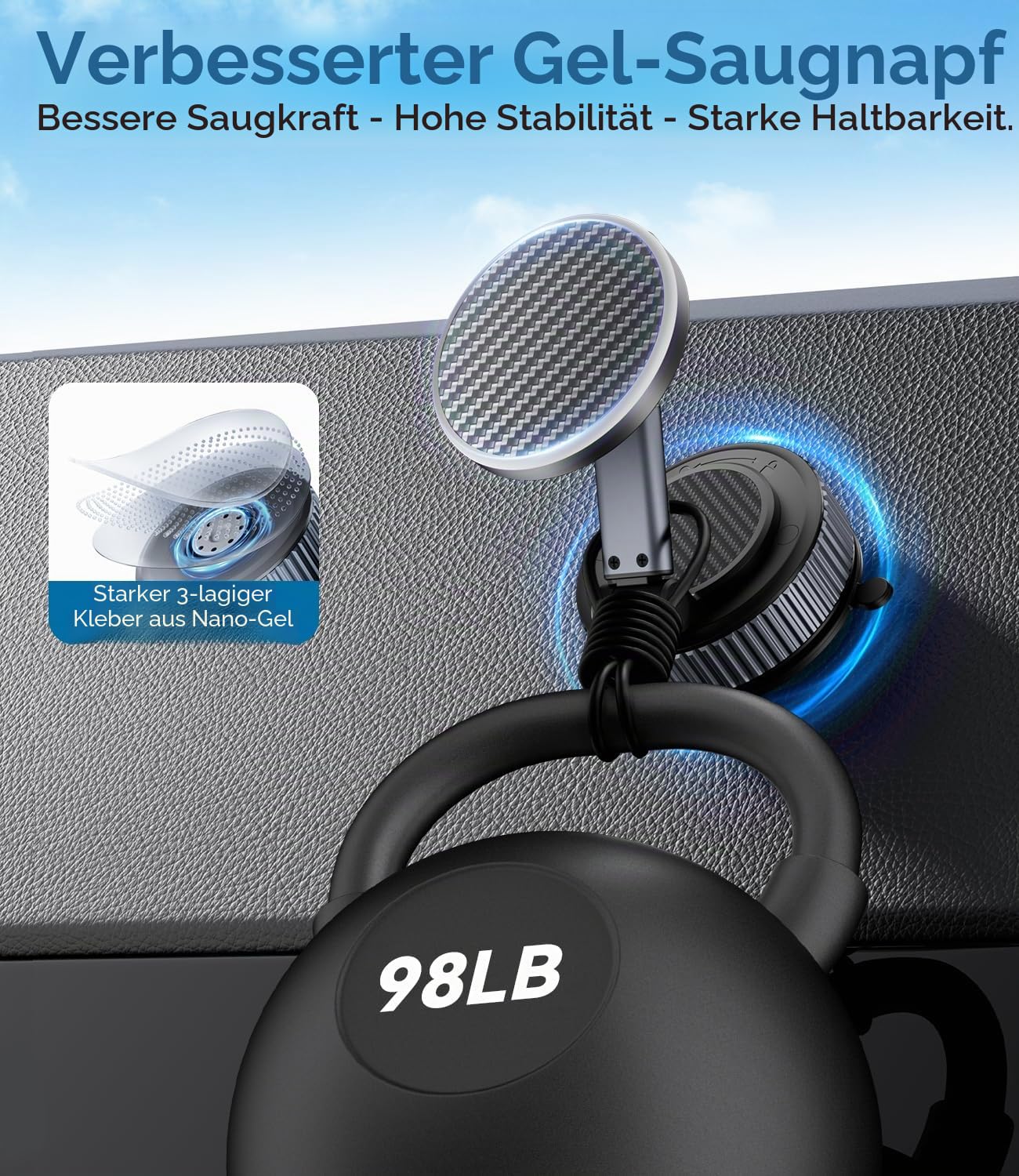 15W für MagSafe Autohalterung mit Ladefunktion, Verbesserter Elastischer Saugnapf & Schnelles Laden, [360° Verstellbar] 17 für iPhone 16 15 14 13 12 Serie, für Armaturenbrett/Windschutzscheibe