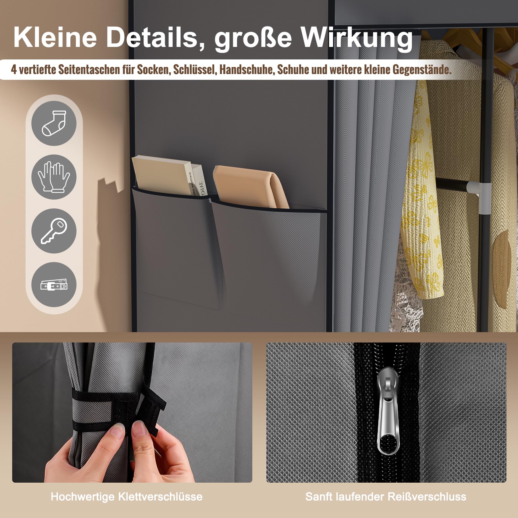 Neatrays Kleiderschrank, Stoffschrank mit 4 Kleiderstange Stabil & 8 Fächern, Faltbarer Kleiderschrank Wardrobe Closet für Kleiderablage Schlafzimmer Ankleidezimmer(Grau)