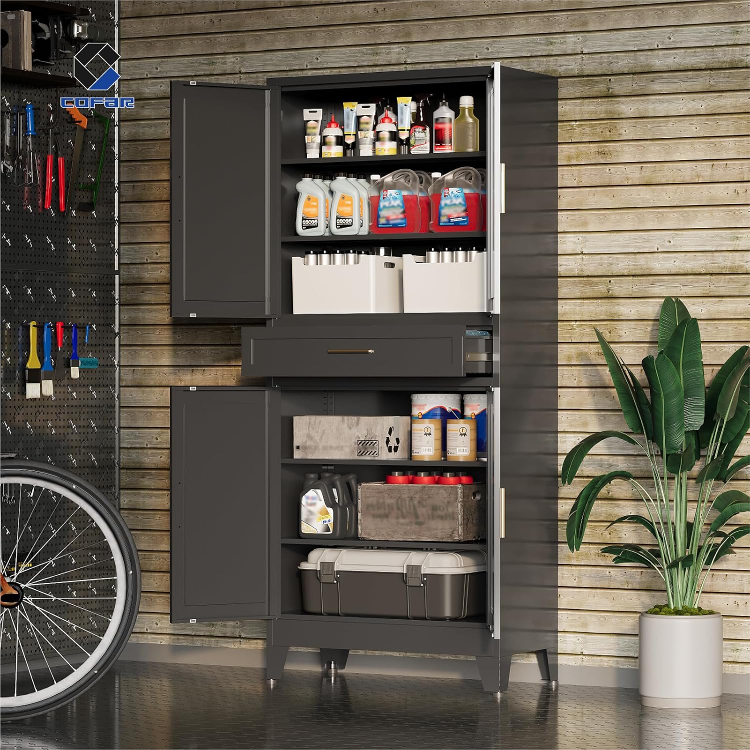 COFaR 71 in Tall Kitchen Pantry Cabinet with Drawer, Metal Pantry Storage Cabinet with 4 Adjustable Shelves and 4 Barn Doors, Freestanding Farmhouse Food Cupboard for Dining Room Garage, Black 6-Tier