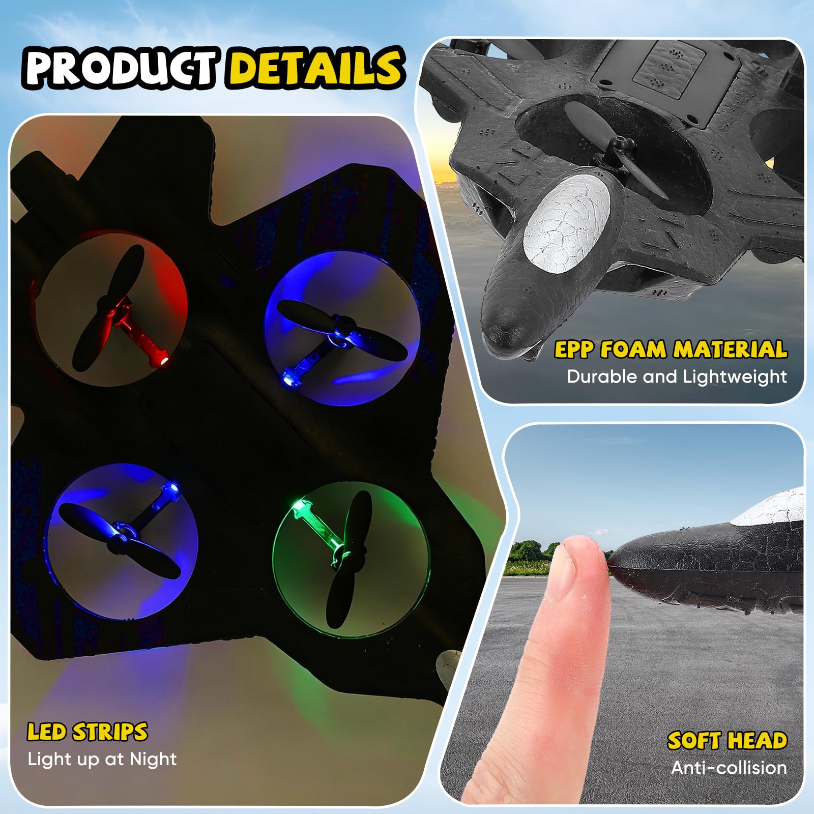 Avión de control remoto, doble control (mando a distancia y mando a mango), RC Avión 360° Rotación, 3 velocidades, con luz LED y hélice de repuesto, avión exterior para niños (azul)
