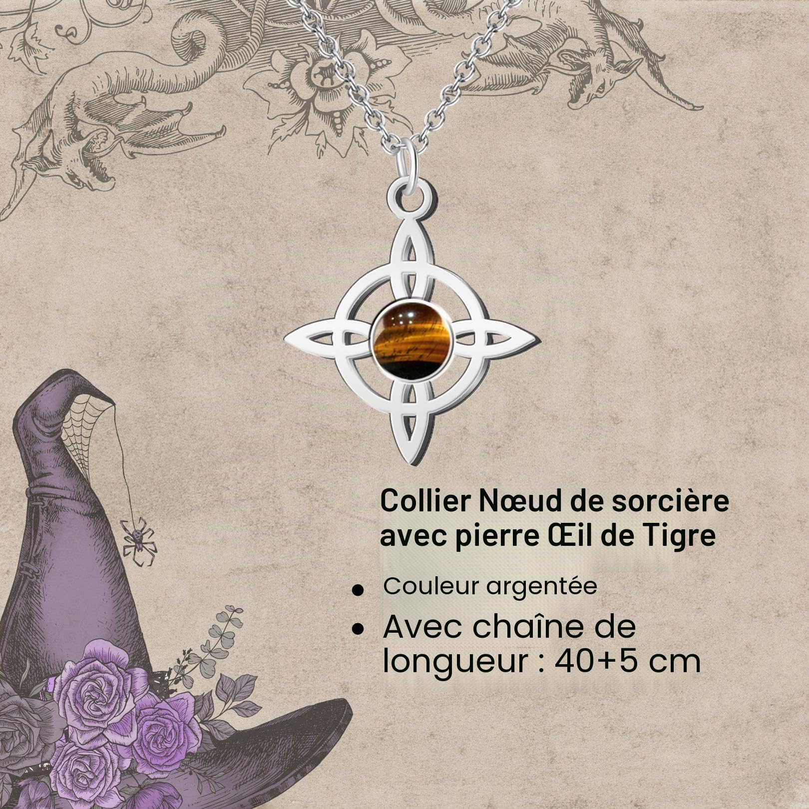 cotigo Collier pour femme noeud de sorcière avec pierre naturelle et acier inoxydable + cadeau un bracelet à 7 nœuds, nœud de sorcière double protection, amulette de chance, cadeau femme.