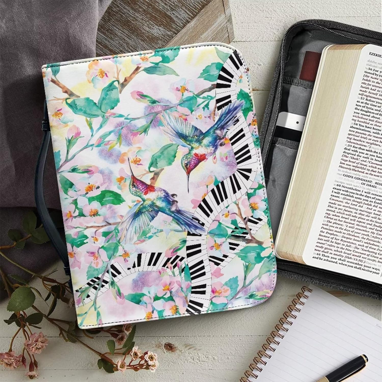 Bird Piano Women Bible Carrying Case Large Size Bible Organizer Bag Portable Bible Covers with Handle for Study Bible Carry Bookmarks