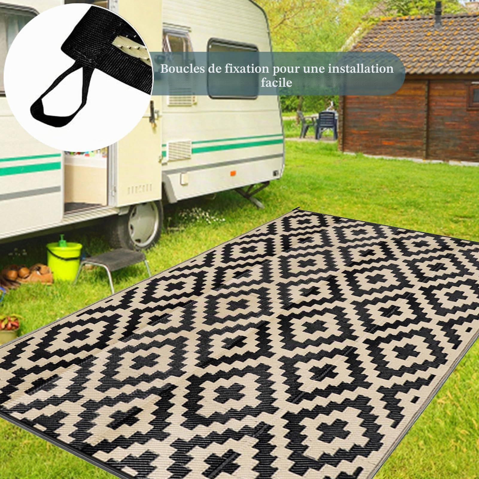 Tapis D'extérieur en Plastique Recyclé Tapis De Pique-Nique Imperméable 120X180cm Tapis Polypropylene Exterieur Portable pour Balcon, Terrasse, Jardin, Plage, Pique-Nique,Noir+Beige