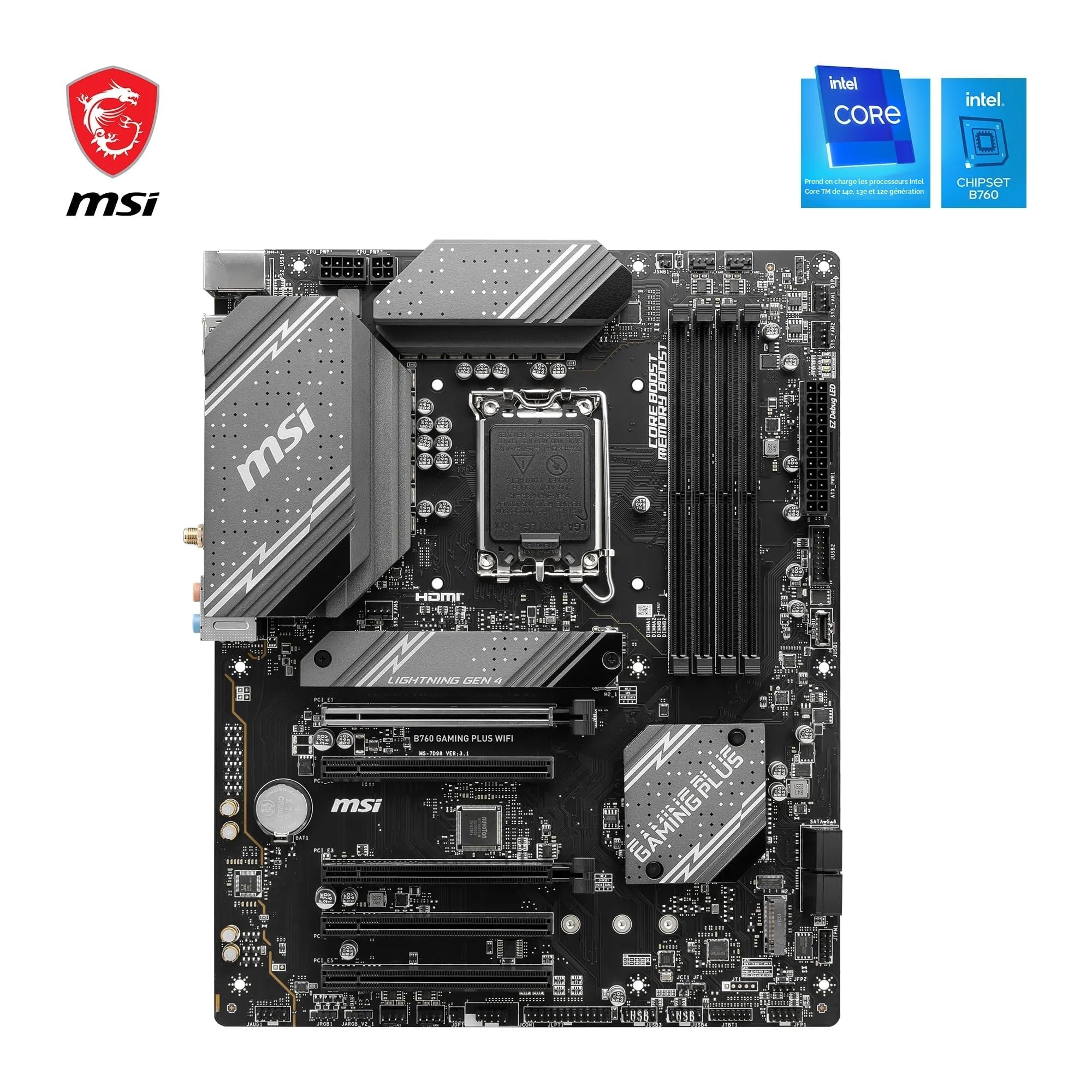 MSI B760 Gaming Plus WiFi Carte Mère, ATX - pour Processeurs Intel Core 14e, 13e & 12e Génération, LGA 1700 - DDR5 Memory Boost 6800+MHz/OC, Slots PCIe 4.0 x16, Slots M.2 Gen4, Wi-FI 6E