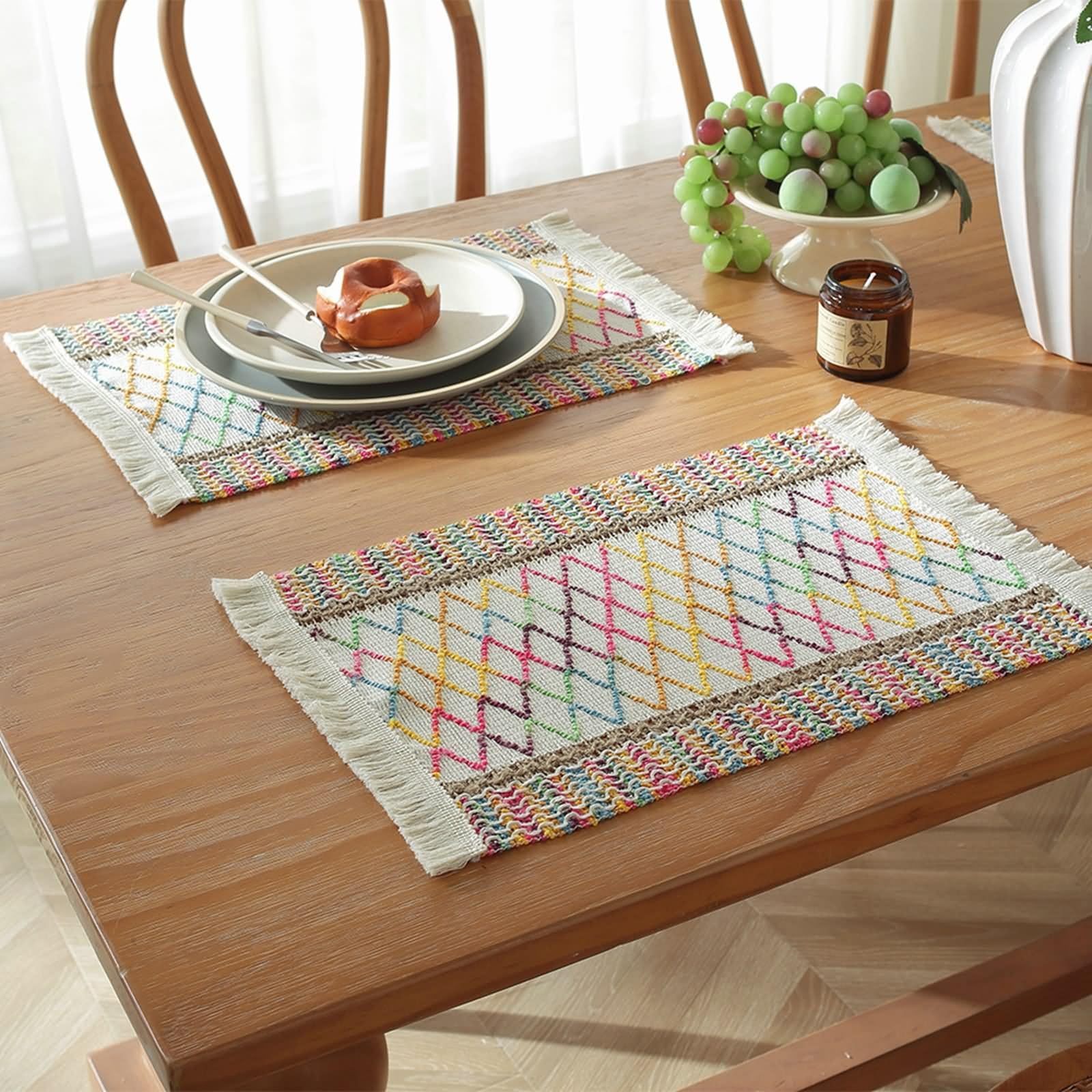 Tischsets Platzsets 6 Er, Tisch Untersetzer-Set Wohnzimmer 45x30cm Gewebtes Gitter Baumwolle Leinen Bunt
