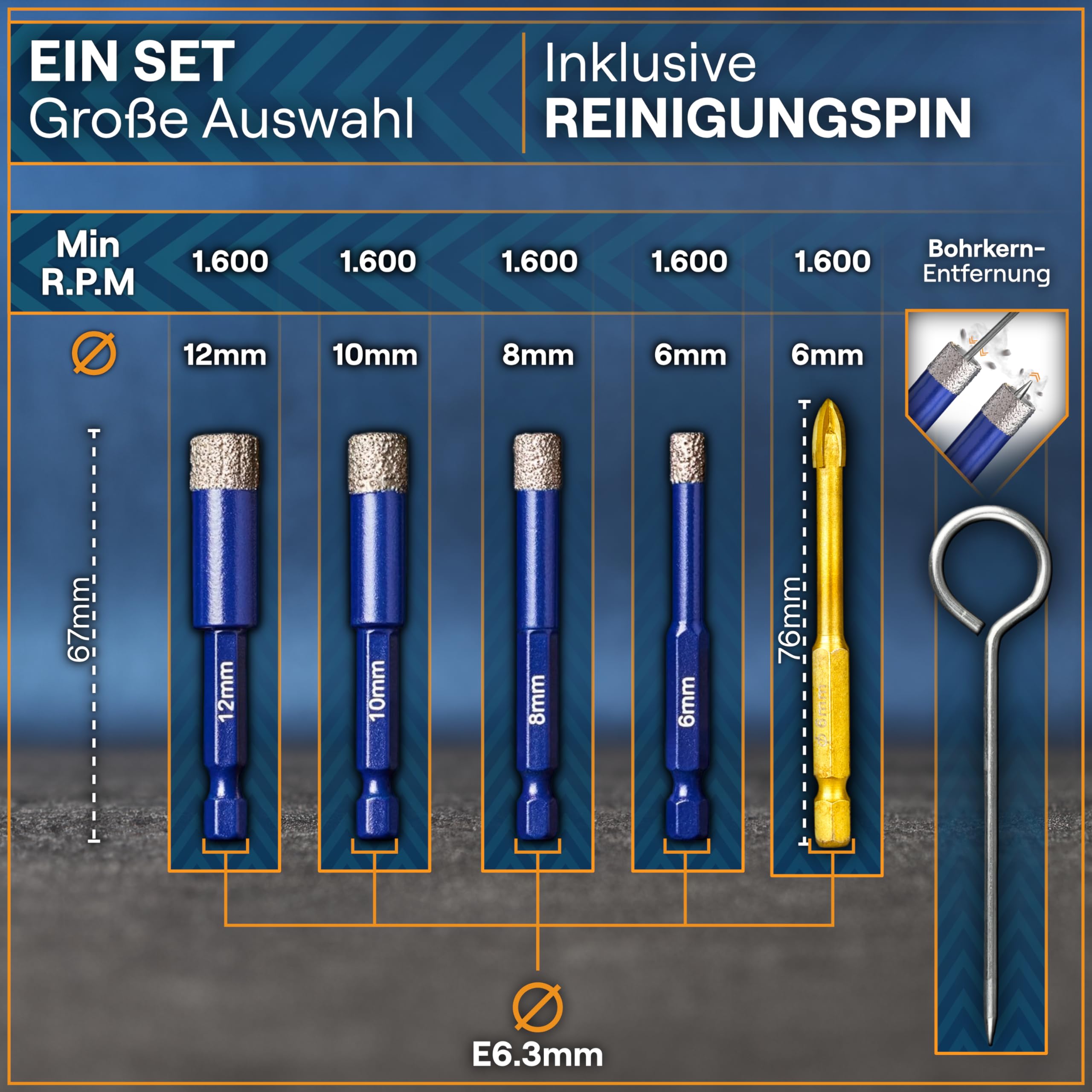 WERKSTEIN® Fliesenbohrer Set mit Diamantbohrkronen & Karbid Anbohrer [GRÖßEN 6, 8, 10 & 12 MM] - Diamantbohrer für Fliesen & Feinsteinzeug - Fliesenbohrer Set für Keramik, Granit & Naturstein