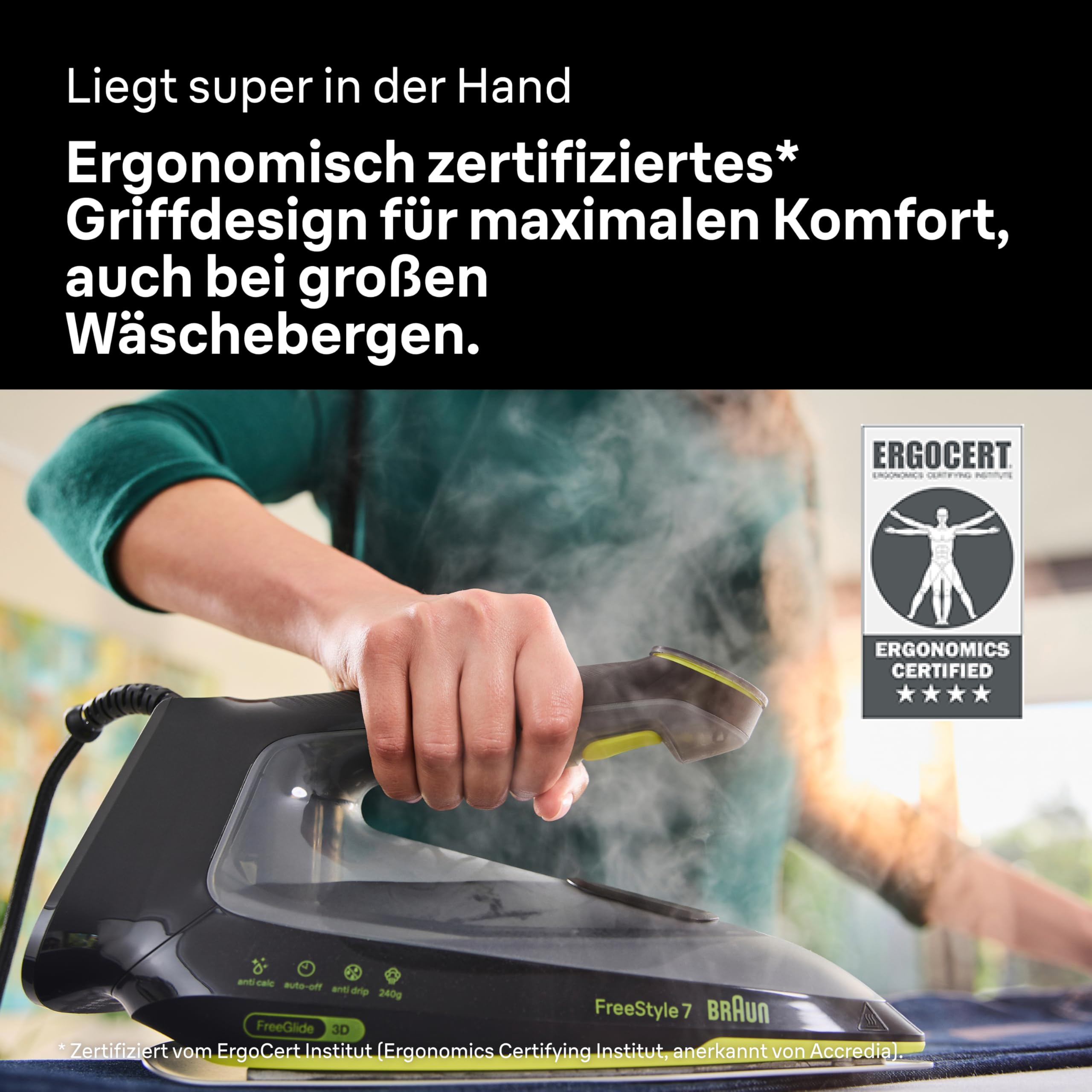 Braun FreeStyle 7 – Dampfbügeleisen mit ergonischem Griffdesign, Bügelergebnisse wie mit einer Dampfbügelstation, Schnelles und müheloses Bügeln, Schwarz/Grün (FI 7255 GR)