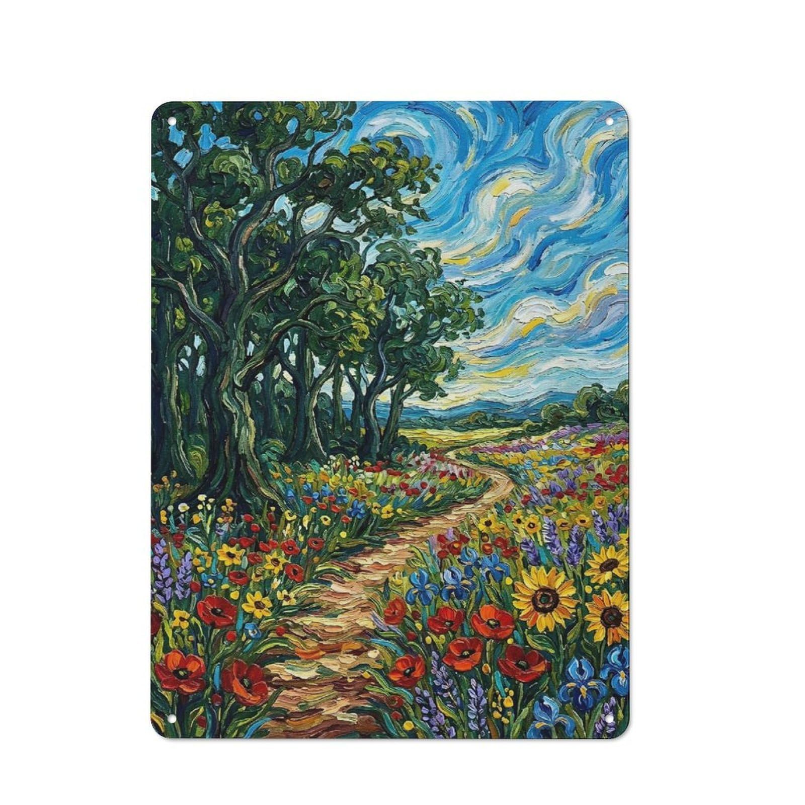 Junmoney Style-10 Modern Retro Decorative Metal Plaque 40X30cm Featuring Impressionistic Floral Path Landscape Painting, Loft Wall Plaque For Flat, Bar, Studio Or Gallery Wall
