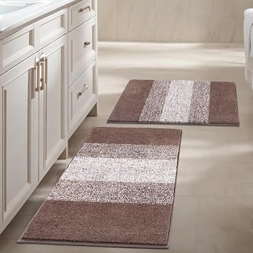 Vaukki Luxury Soft Bathroom Rugs Set of 2, Coffee Non Slip Bath Floor Mat | Microfiber Shaggy Plush Absorbent Striped Washable Bath Carpet for Tub, Bathroom and Shower, 18x26+20x32