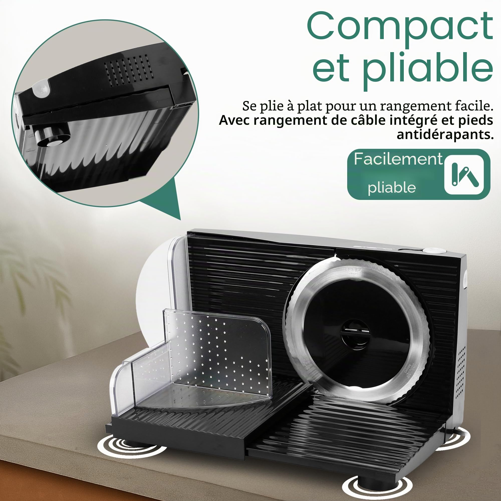 Emerio Trancheuse « Made in UE », lame en acier inoxydable fabriquée en Allemagne, réglable de 0 à 17 mm, sans BPA, pliable pour économiser de l'espace, avec interrupteur de sécurité, Eco 100 W,