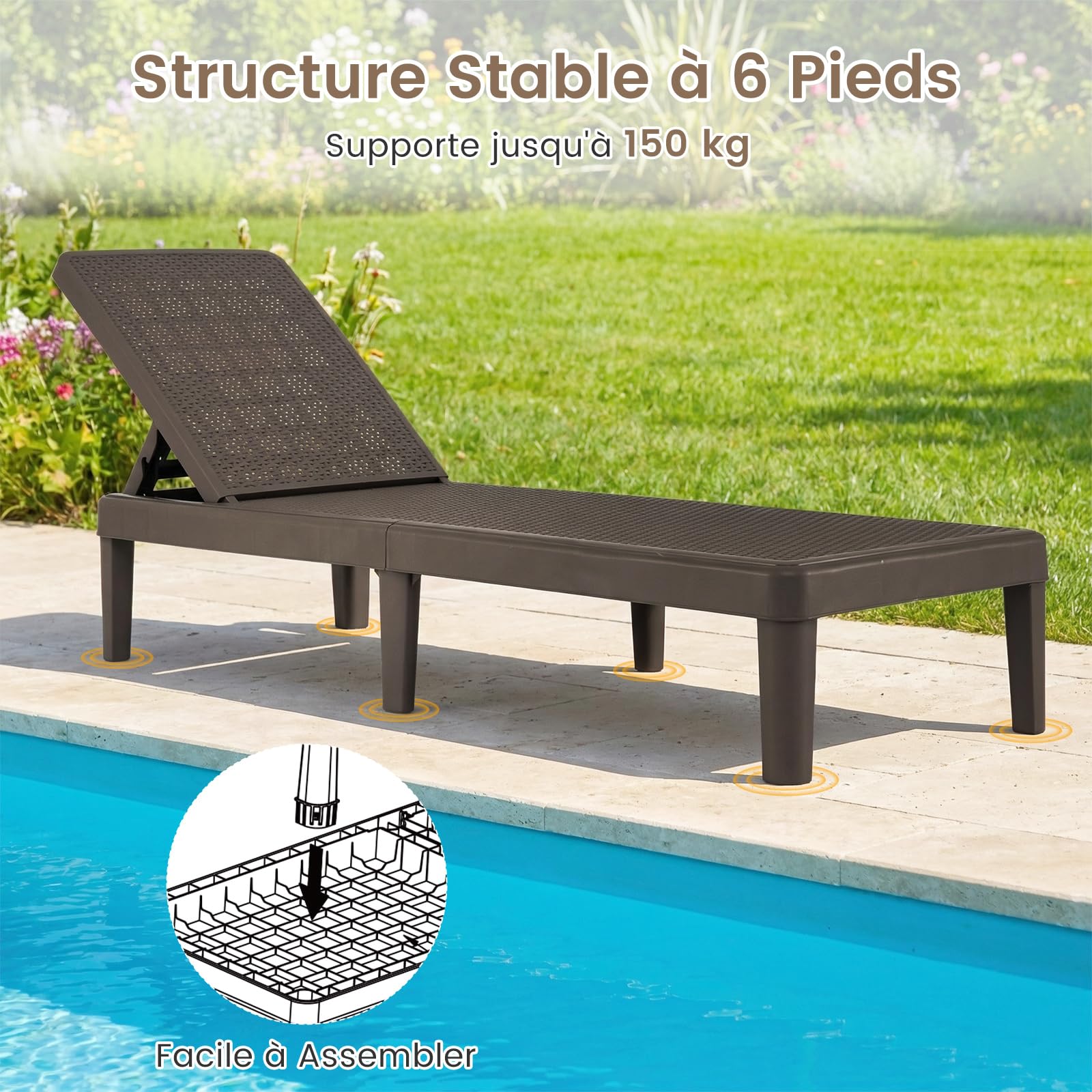 COSTWAY 2pcs Bain de Soleil en PP Effet Rotin, Chaise Longue Jardin Exterieur, Dossier Inclinable à 4 Positions, 6 Pieds, Montage sans Outil, Transat pour Terrasse Balcon Piscine, Charge 150kg(Marron)