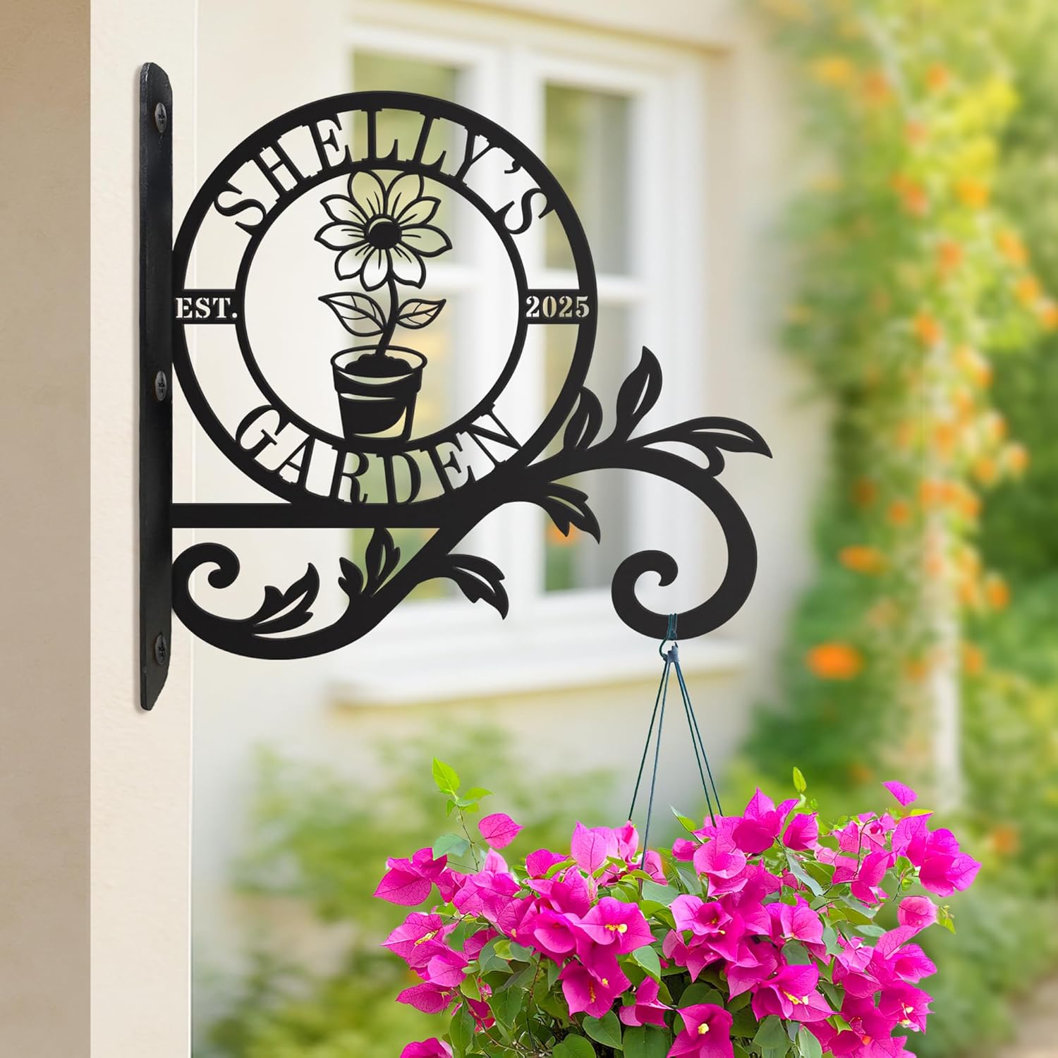 Personalized Metal Plant Hanger Outdoor and Indoor Decor, Custom Hanging Plants Bracket, Plant Hooks for Bird Feeder, Wind Chime, Flower Baskets, Hanging Plant Hooks (Flowers)