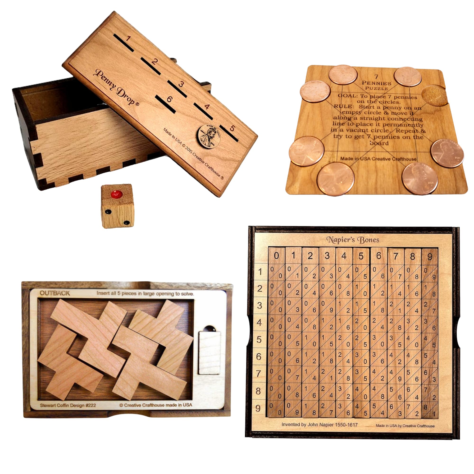 Creative Crafthouse Handcrafted Puzzle Bundle | Includes Penny Drop Premium Game, 7 Pennies Puzzle, Outback Dissection Puzzle, and Napier's Bones | Educational and Fun Brain Teaser Gift Set for All Ag