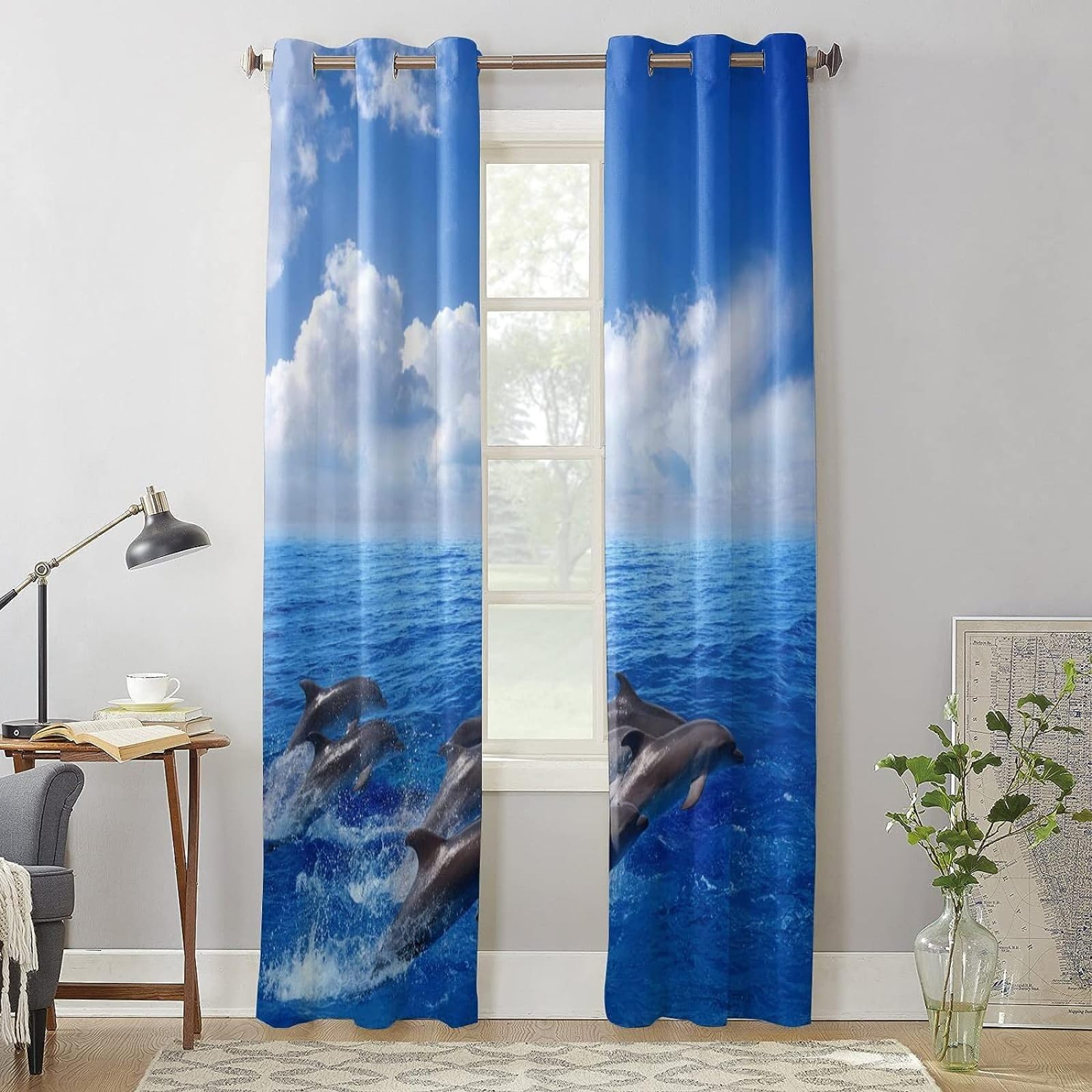 Cartoon-Delfin Blickdicht Vorhänge, Blauer Himmel-Druck Deko Gardinen mit Ösen für Wohnzimmer Schlafzimmer 2er Set 2 x 140B x 260H cm