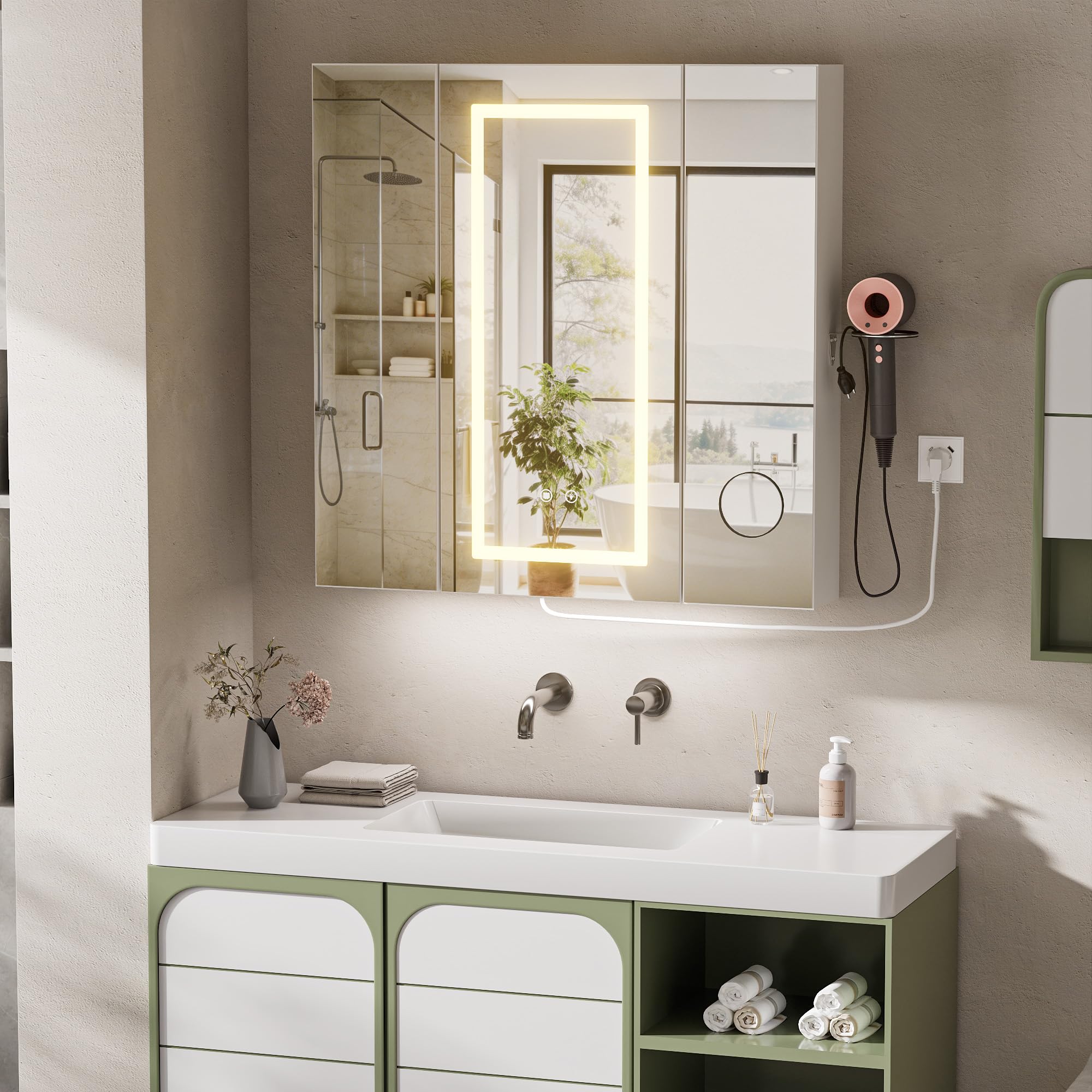 Armario con espejo para baño con iluminación y enchufes y USB, 80 x 16 x 80 cm, armario con espejo con iluminación, 3 puertas, función de deshumidificación, 3 temperaturas de color, regulable