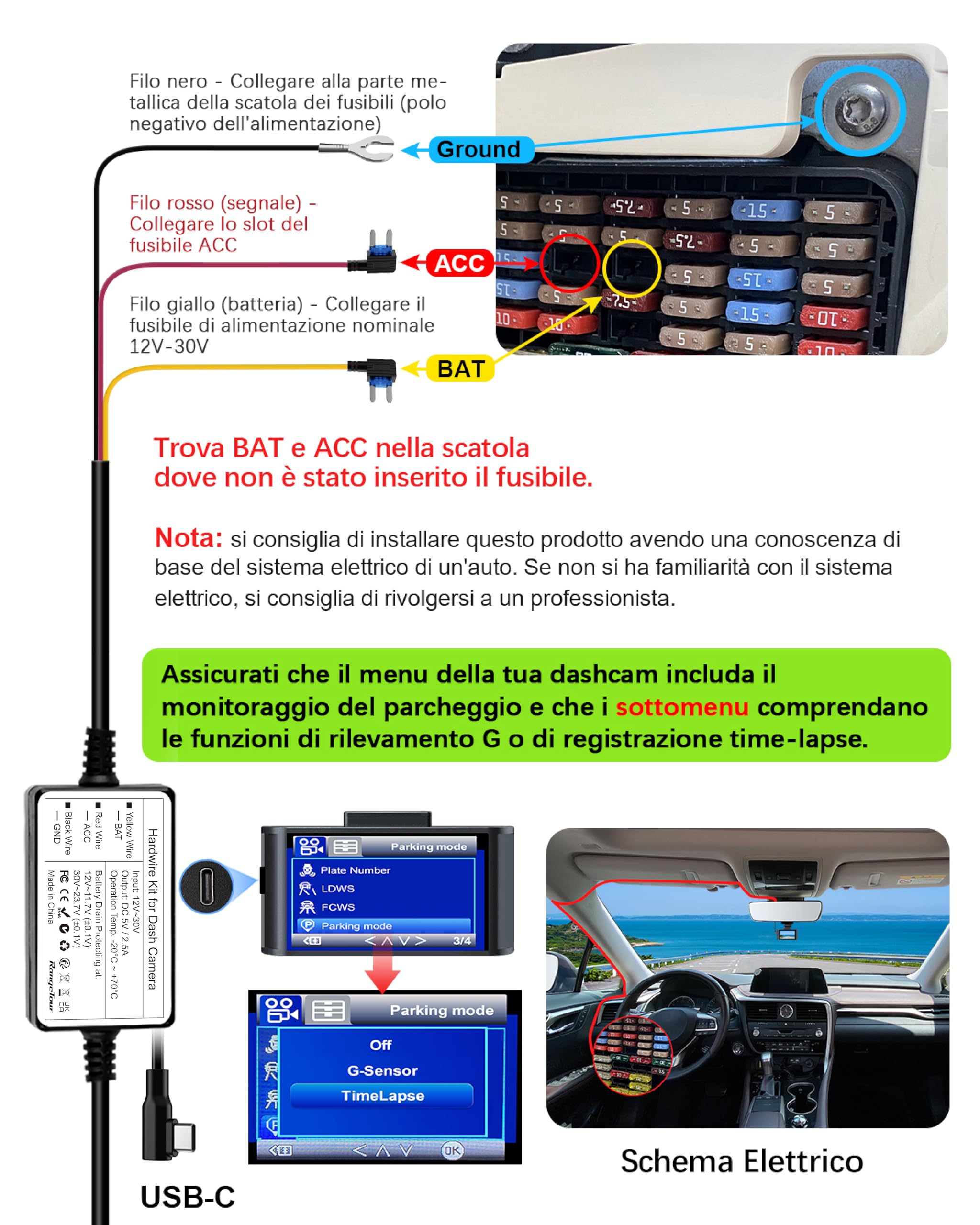 Kit Cablaggio USB-C, Dash Cam Hardwire Kit 4m/13.12ft 12V/24V a 5V/2.5A Auto Cavo di Ricarica Kit con Strumento di Installazione cavo di alimentazione