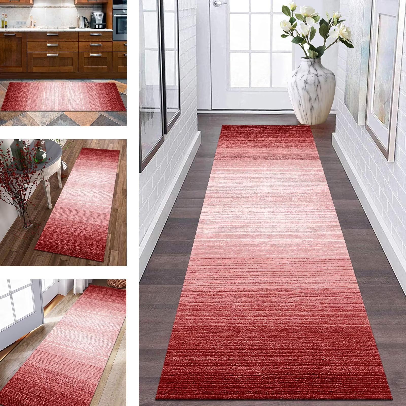 Teppichläufer Flur Küchenteppich rutschfeste Teppichmatten Küchenläufer 100 x 250 cm Rot Weiß Langer Korridor Teppichläufer Waschbar Meterware Teppich Küchenmatte für Wohnzimmer Schlafzimmer