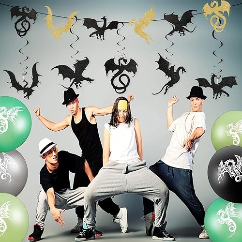 Miniatura 5 de 33 piezas de suministros de fiesta de cumpleaños de dragón, 20 globos de dragón, 3 pancartas de dragón, 10 remolinos colgantes de dragón para