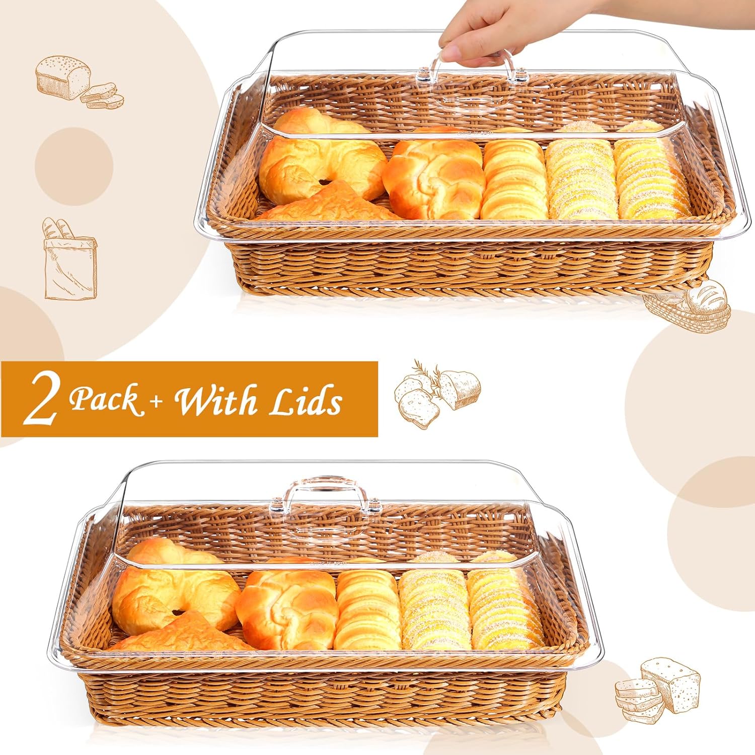 Mumufy 2 Pack Wicker Large Bread Basket with Acrylic Lid Housewarming Gift Woven Rectangular Imitation Rattan Fruit Basket with Cover for Serving Food Display Tabletop Home Kitchen(15.75x11.81'')