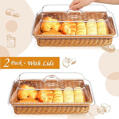 Miniatura 3 de Mumufy Paquete de 2 cestas de pan de ratán de imitación para servir con tapa acrílica, cesta de frutas tejida con cubierta, exhibición de alimentos