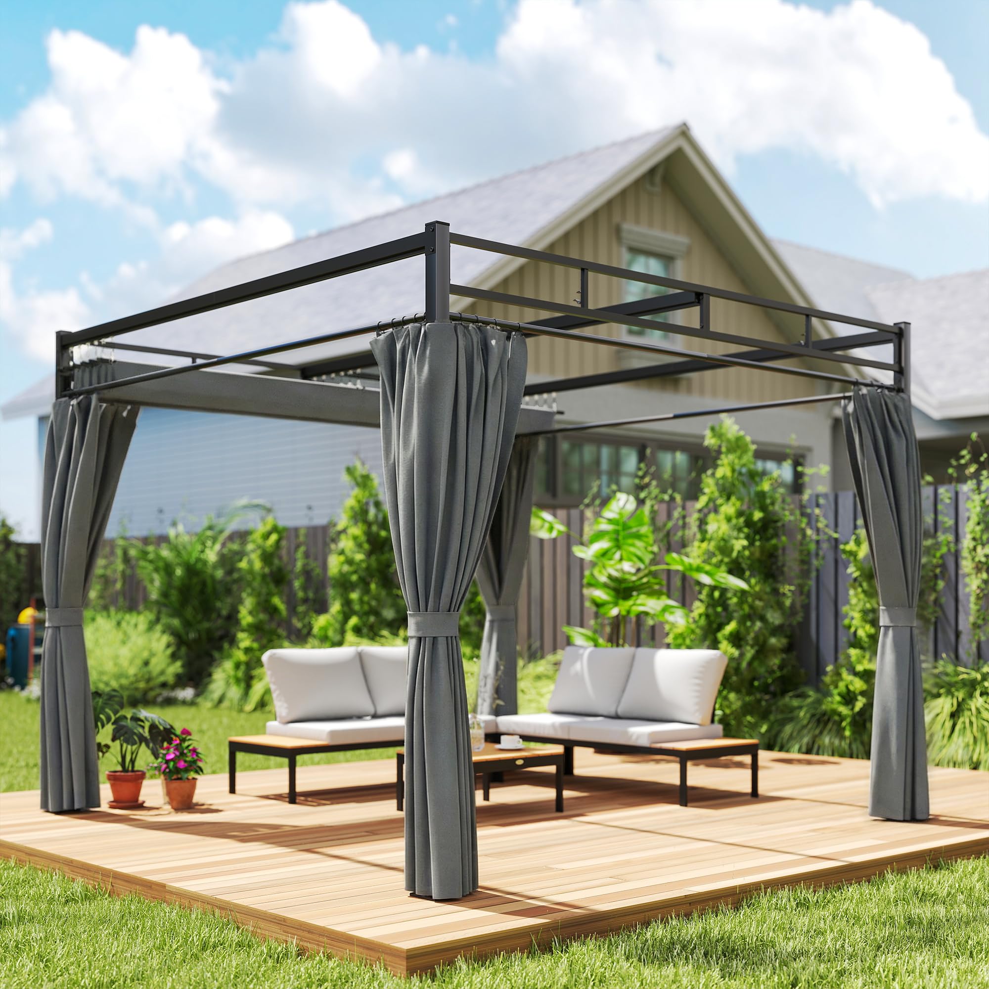 Outsunny Pérgola de Jardín 3x3 m con Techo Retráctil y 4 Cortinas, Cenador de Jardín con Protección UV30+, Impermeable, Estructura Metálica, Pabellón para Patio, Terraza, Exterior, Gris Oscuro — view 8