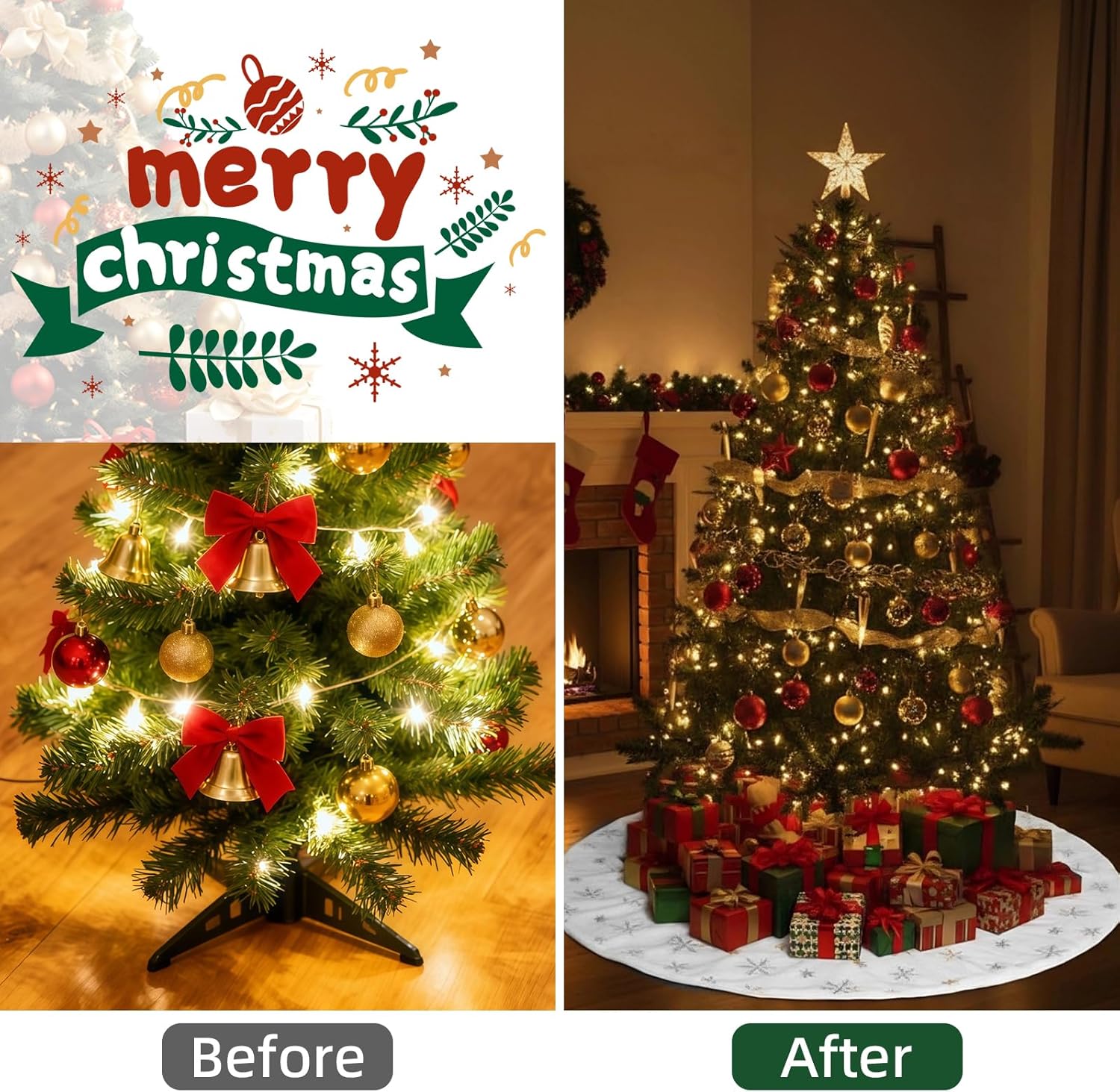 122cm Fur Christmas Tree Skirt with Silver Snowflakes - Fluffy, Dense, and Extra Thick Holiday Decoration for Festive Tree Base
