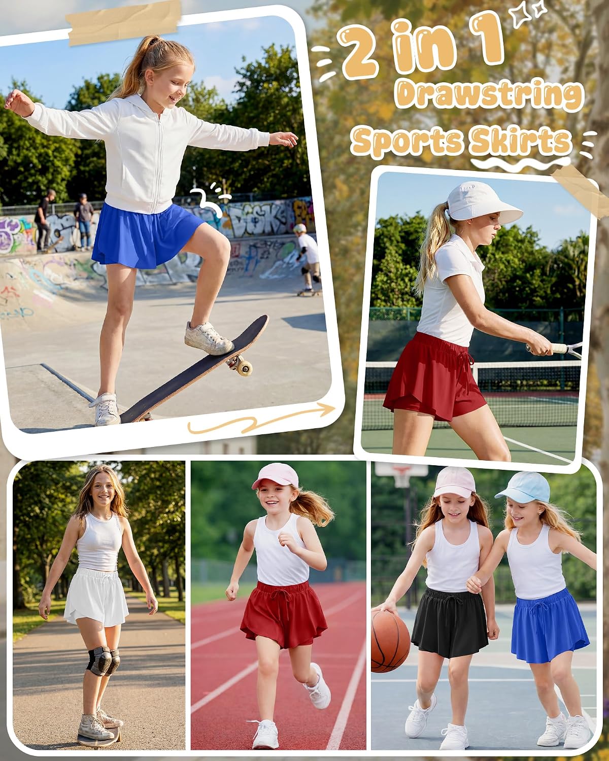 Didaey 4 Pack Girl's Athletic Flowy Shorts Kids Butterfly Short with Pockets 2 in 1 Drawstring Sports Skirts for 5-14 Years