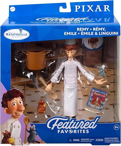Miniatura 6 de Disney Pixar - Paquete de ratatouille con figura de Linguini Posable, figuras y accesorios de Remy y Emile, aspecto auténtico, regalo para