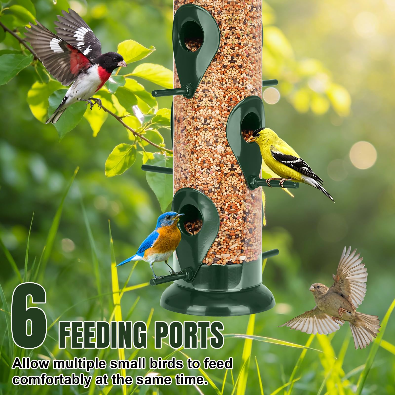 Feed Garden Comederos de pájaros de Tubo de Metal para Colgar al Aire Libre, comedero de pájaros de 6 Puertos para Exteriores, comederos de pinzón para Exteriores, comederos de pájaros a Prueba de