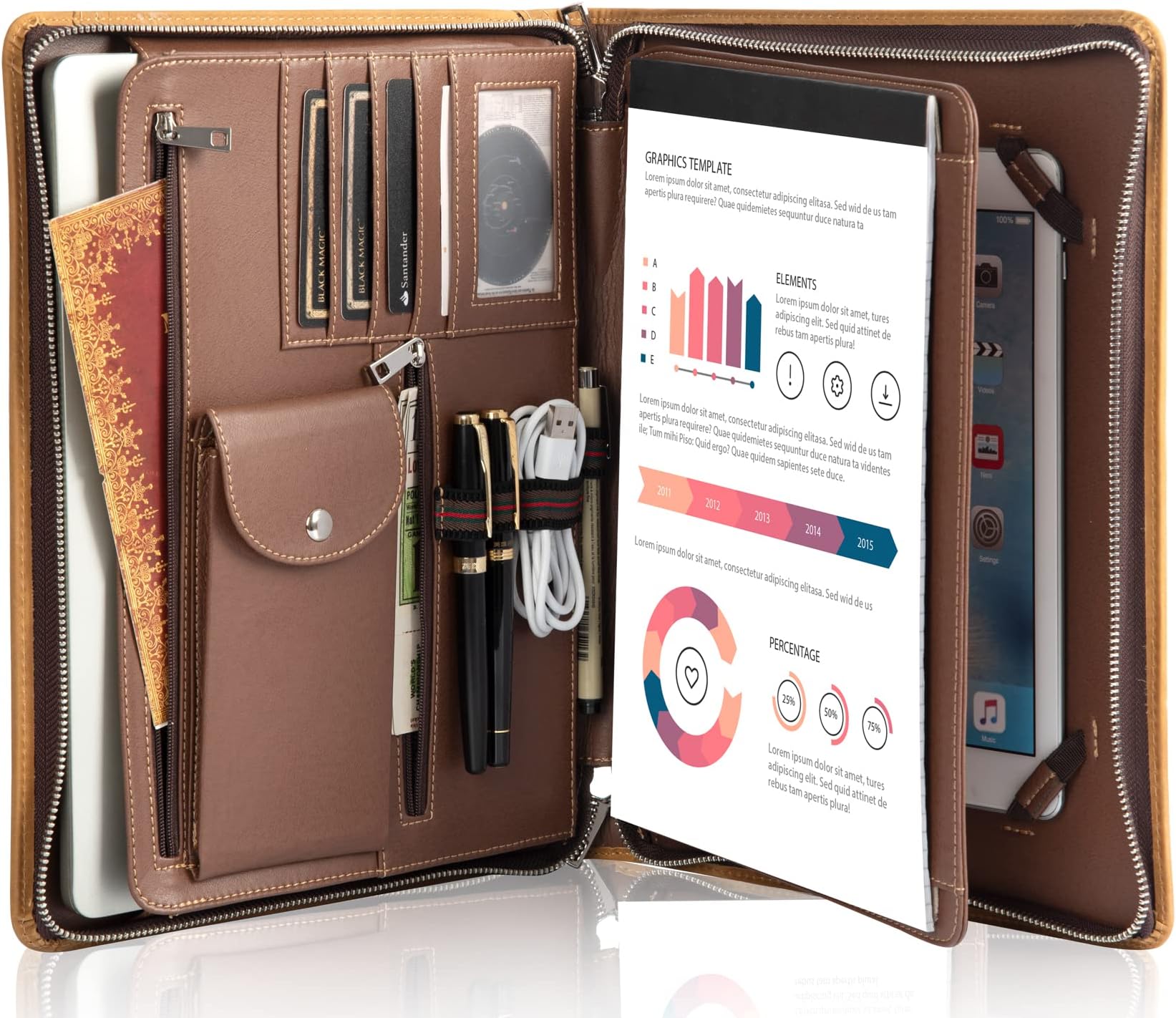 Conference Folder A4 Zippered Personal Organiser -Travel Portfolio with Writing Pad Holder, Tablet Case for iPad Pro 10.5/11 inch, Handmade Vintage Super Leather Padfolio
