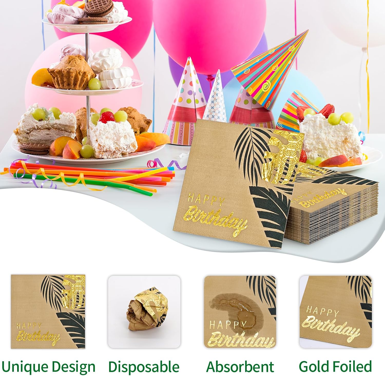 DYLIVeS Tropical Leaves Happy Birthday Cocktail Party Napkins, Gold Foil Disposable Kraft Paper Dinner Napkins for Safari Jungle Island Luau Birthday Baby Shower Party Decoration, 6.5 Inch, 50 Pack image 4