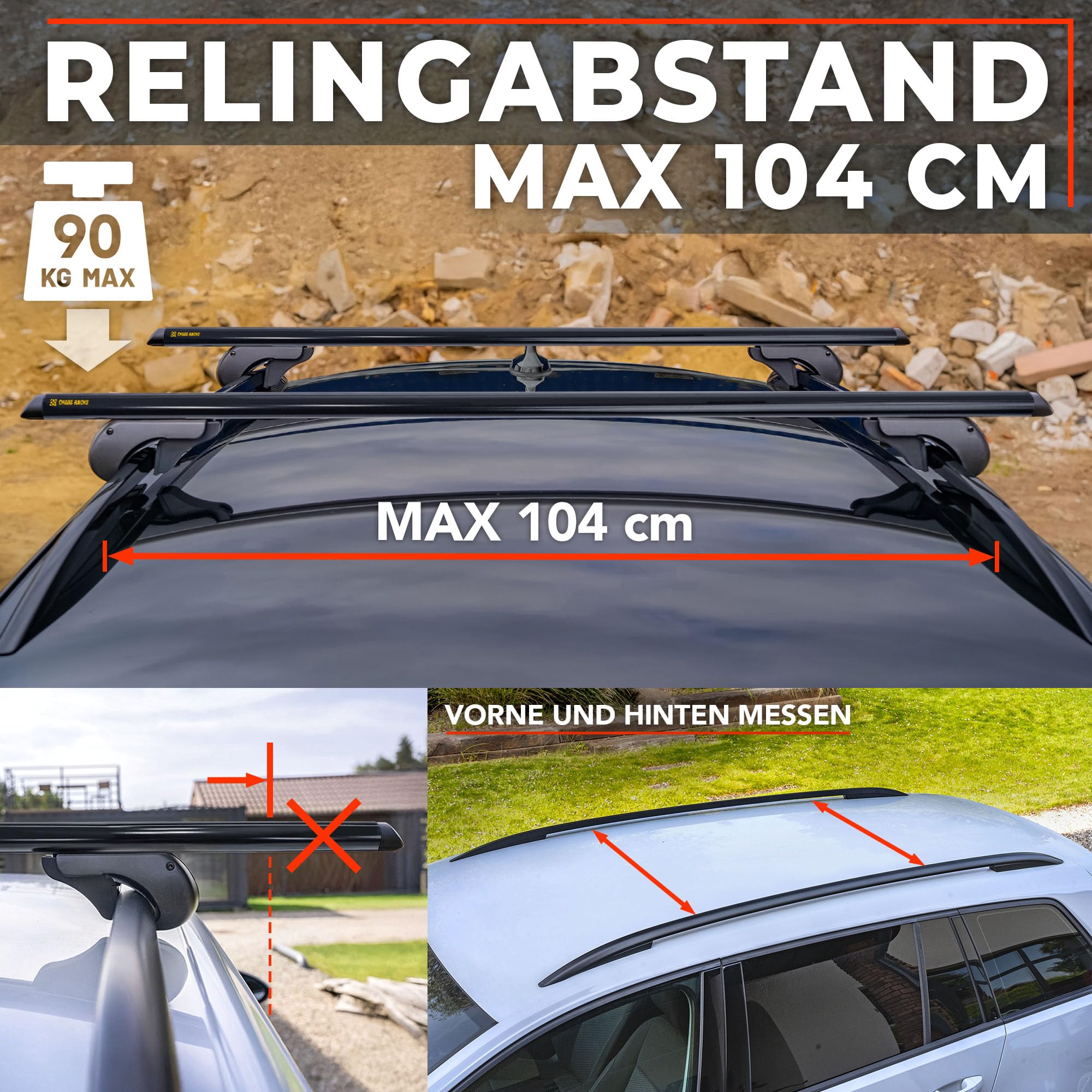 Chaos Racks | Dachträger Universal Dachgepäckträger für Offene Dachreling | Sicherer Transport von Dachbox, Fahrradträger, Skihalter, Leiter | Leichte und Robuste Konstruktion aus Aluminium; 120 cm