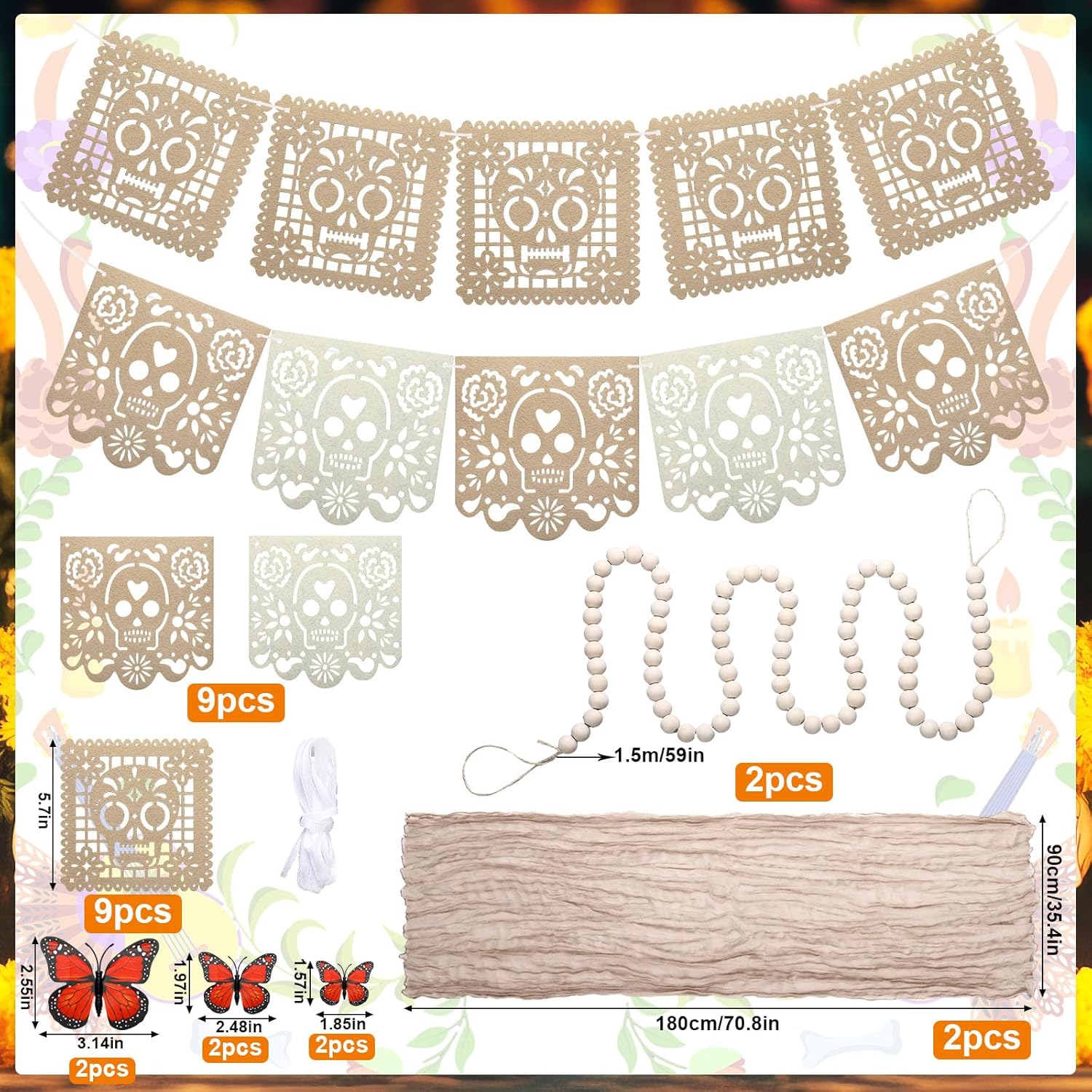 88 Pcs Dia De Los Muertos Altar Decoration Set 18 Felt Mexican Party Banner 2 Artificial Marigold Garland Include 60 Flower 6 Butterfly 2 Bead Garland 2 Tablecloth Day of the Dead Ofrenda Altar Decor