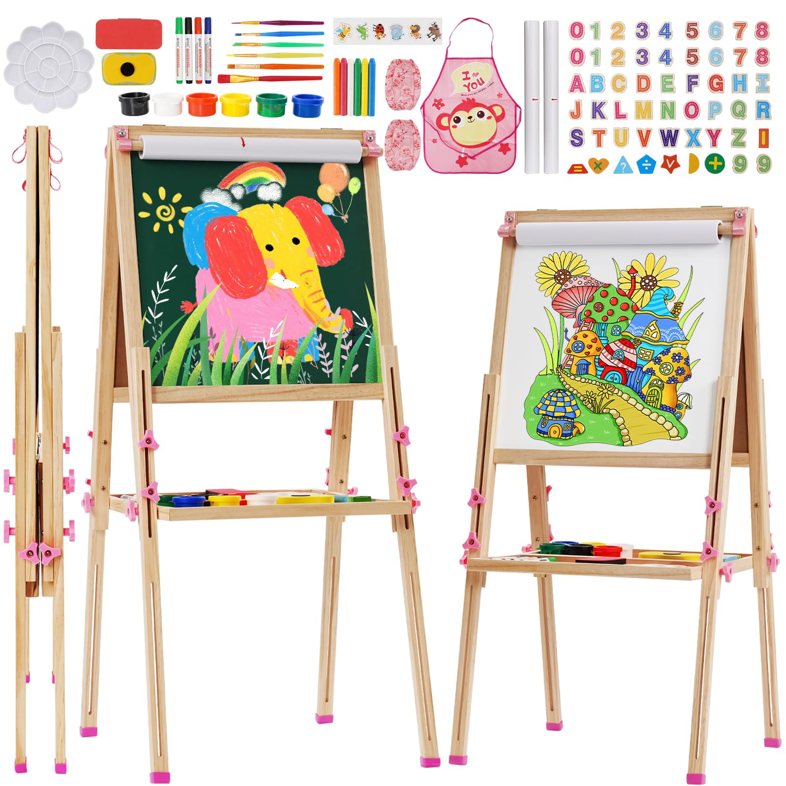 Caballete Pintura niños,Pizarra de Dibujo de Doble Cara de Madera Plegable,Caballete de Arte de Altura Ajustable con Pergaminos y Otros Accesorios para Niños y Niñas,Rosa