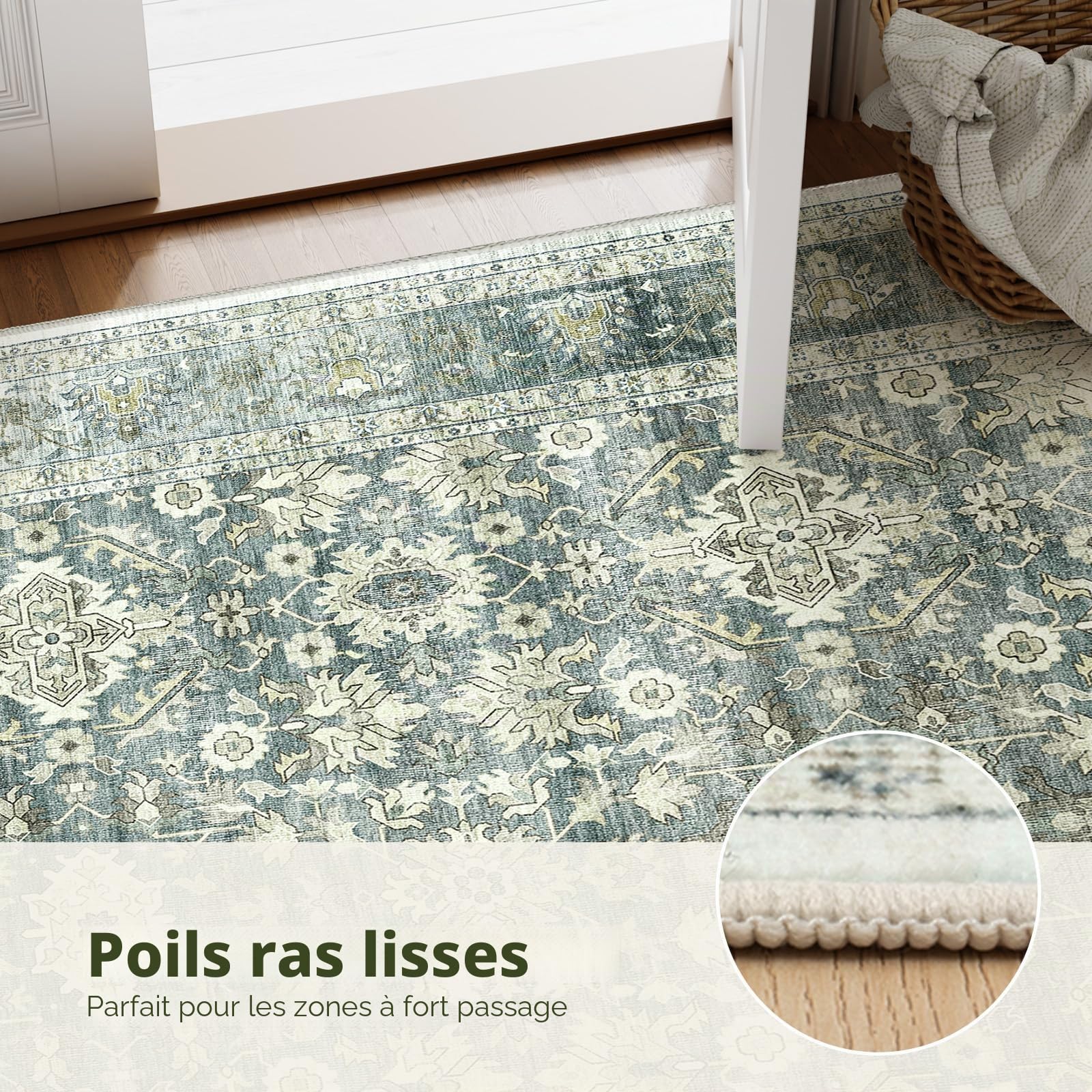 HOMFINE Tapis Salon 199x300cm Vintage Lavable en Machine Vert | Grand Tapis Lavable à Poil Court avec Motif Floral, Antidérapant, Doux et Idéal pour Salon, Chambre et Salle à Manger